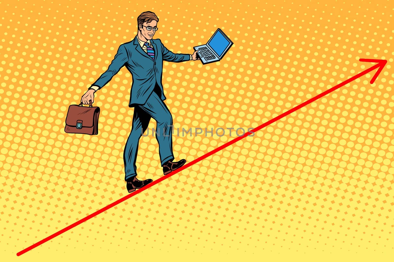 Businessman acrobat walking the wire graphics pop art retro style. The business concept of the circus. Balance in business