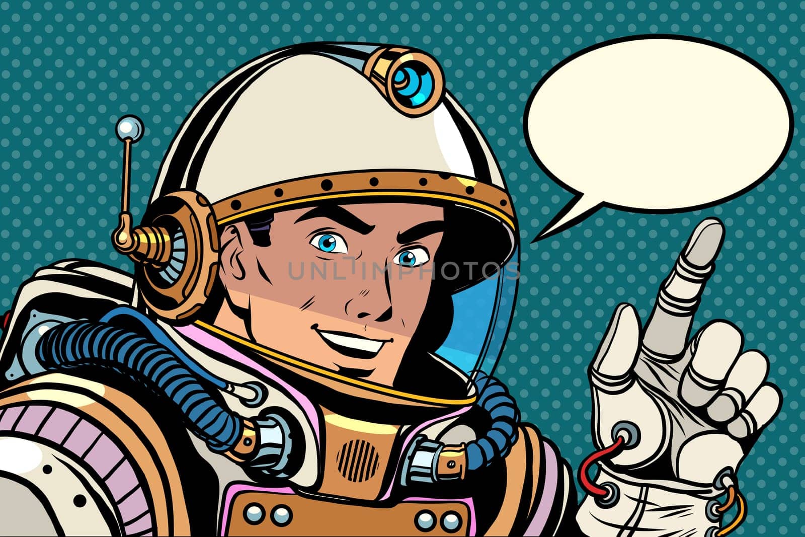 Astronaut pointing finger direction pop art retro style. the pointer gesture of the hand. Index finger.