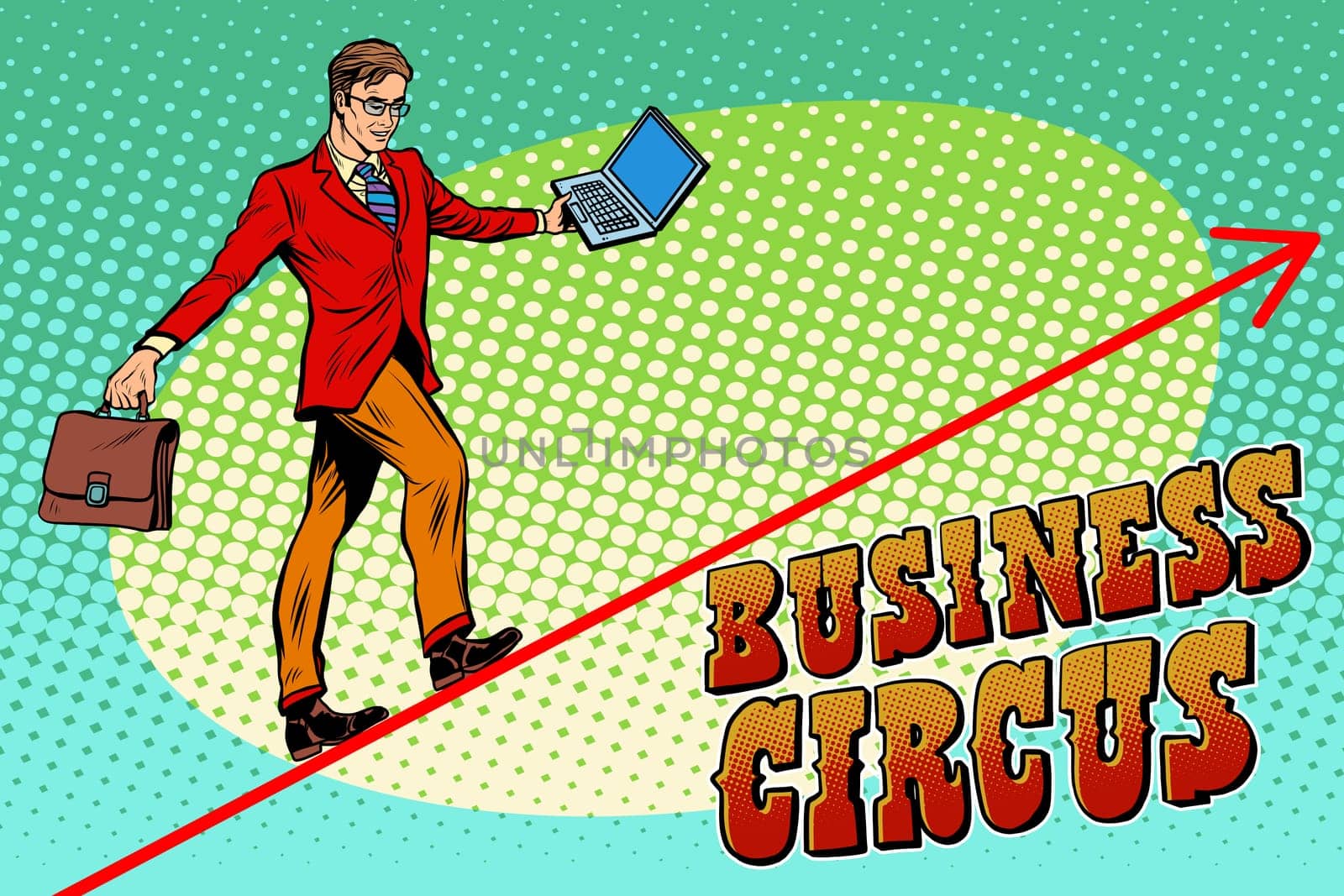 Businessman acrobat business circus pop art retro style. The man is an acrobat on the rope. Chart of sales and growth. Circus and business