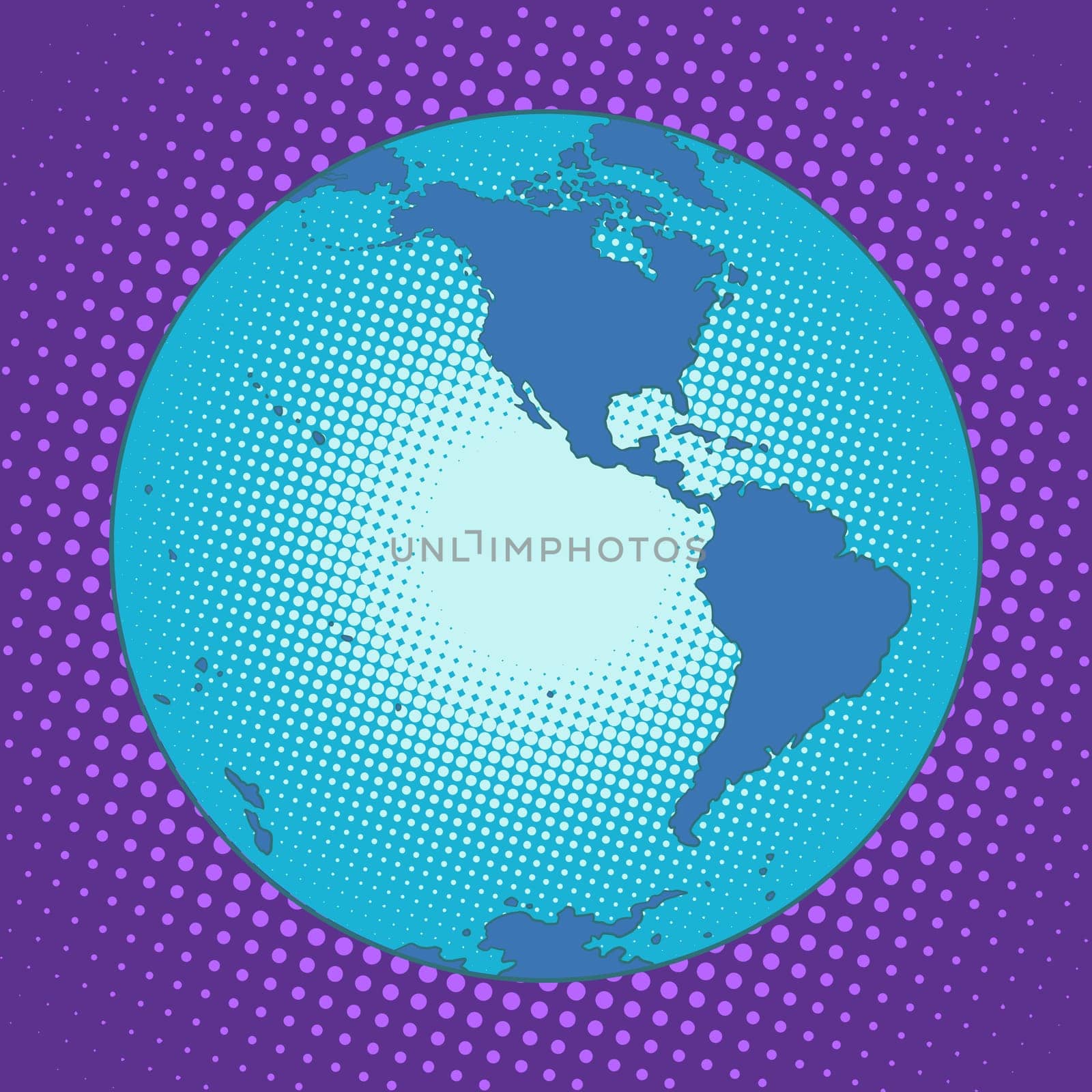 Planet Earth Western hemisphere pop art retro style. South and North America. Antarctica. Map the globe. Blue planet