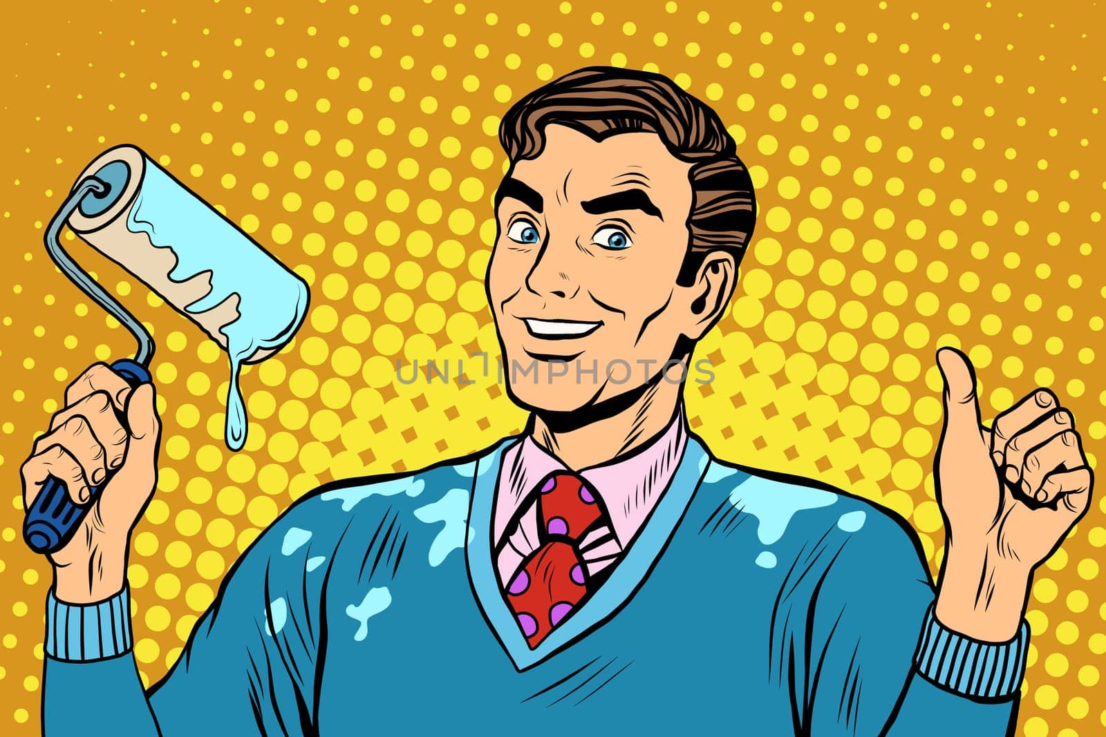 Man repair paint pop art retro style. A man paints a wall. painter. Repair and construction