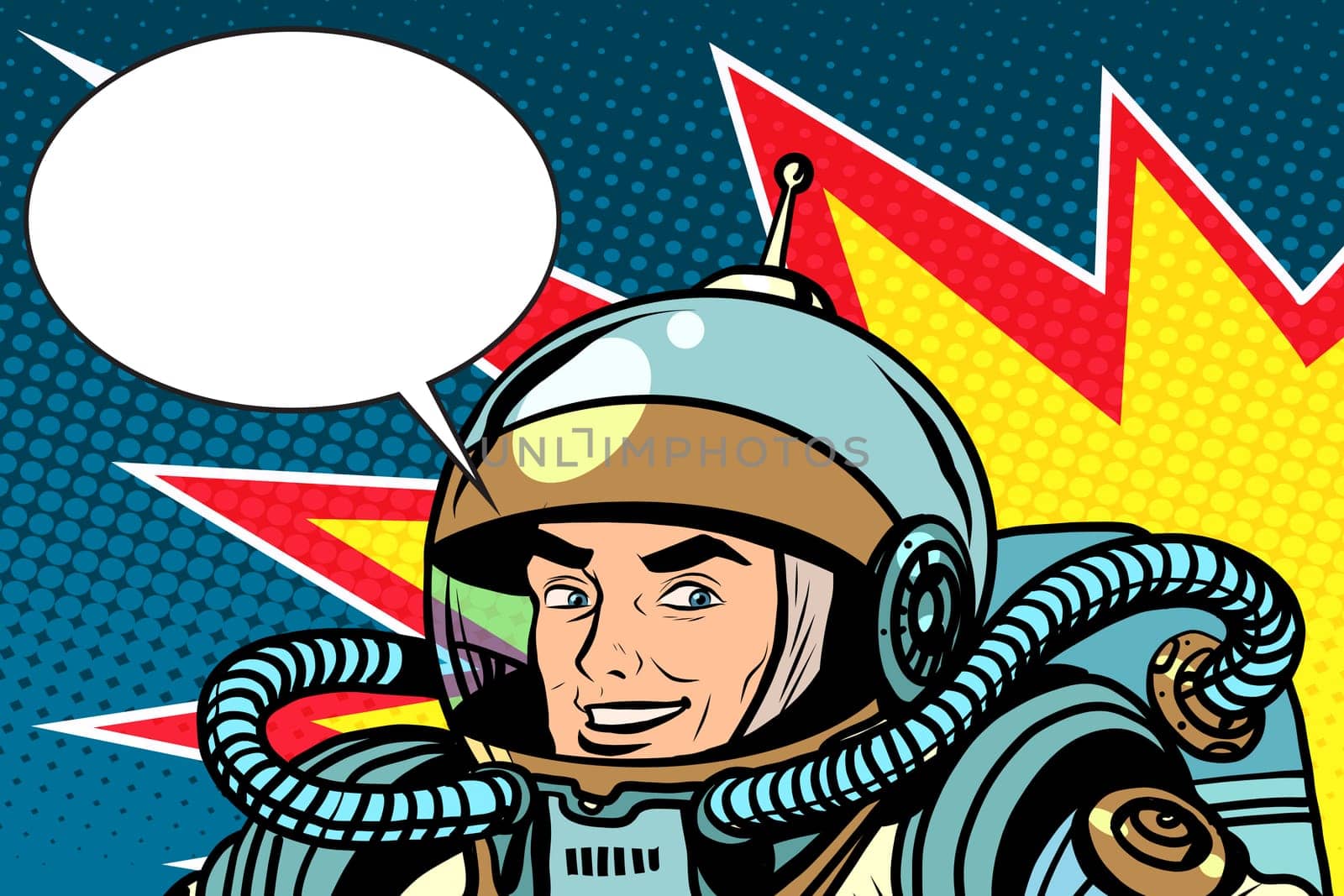 astronaut joyful energetic pop art retro style. Science fiction and space. The captain of a spaceship. Retro astronaut. Vector astronaut