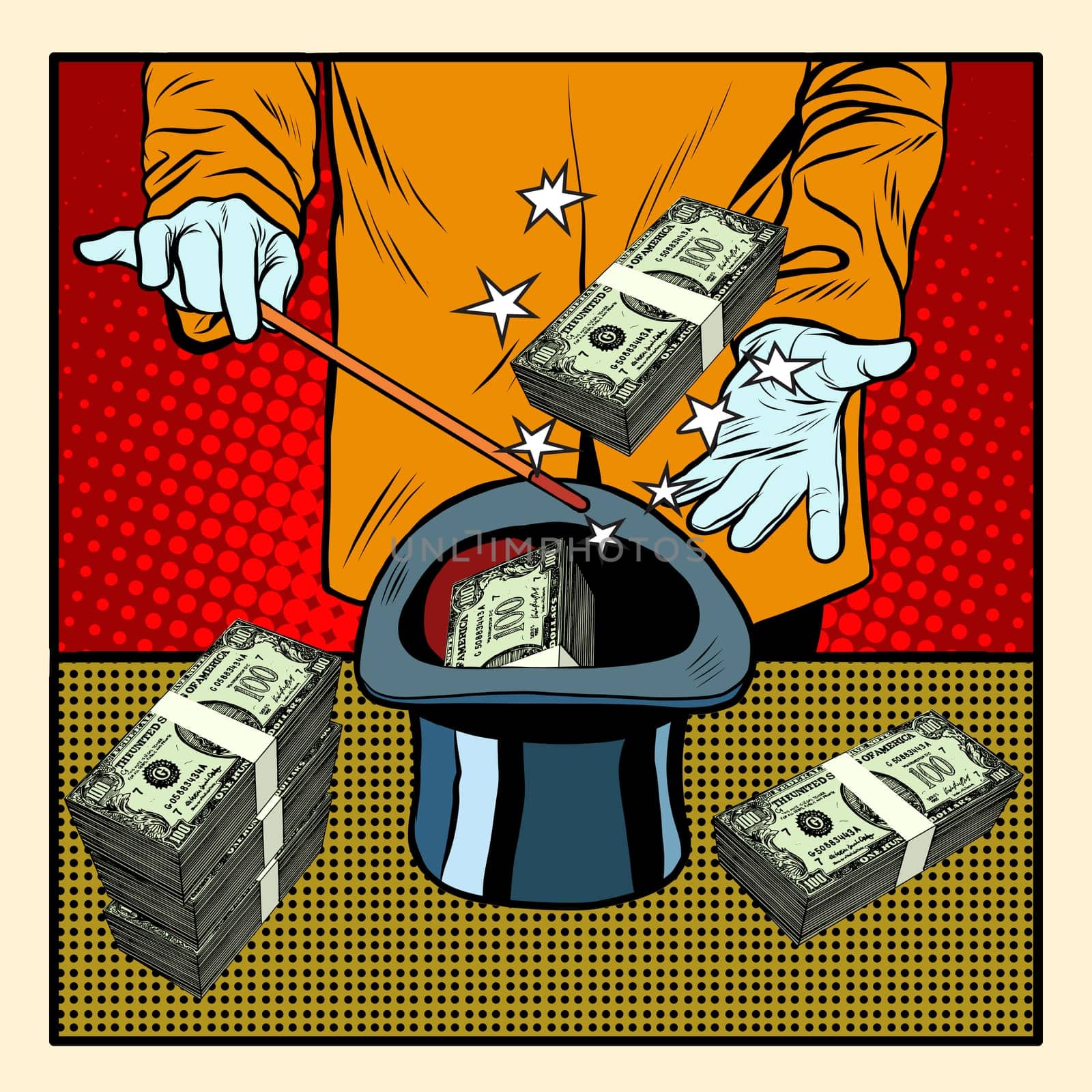Illusionist magic hat money pop art retro style. Business circus. Money and finances