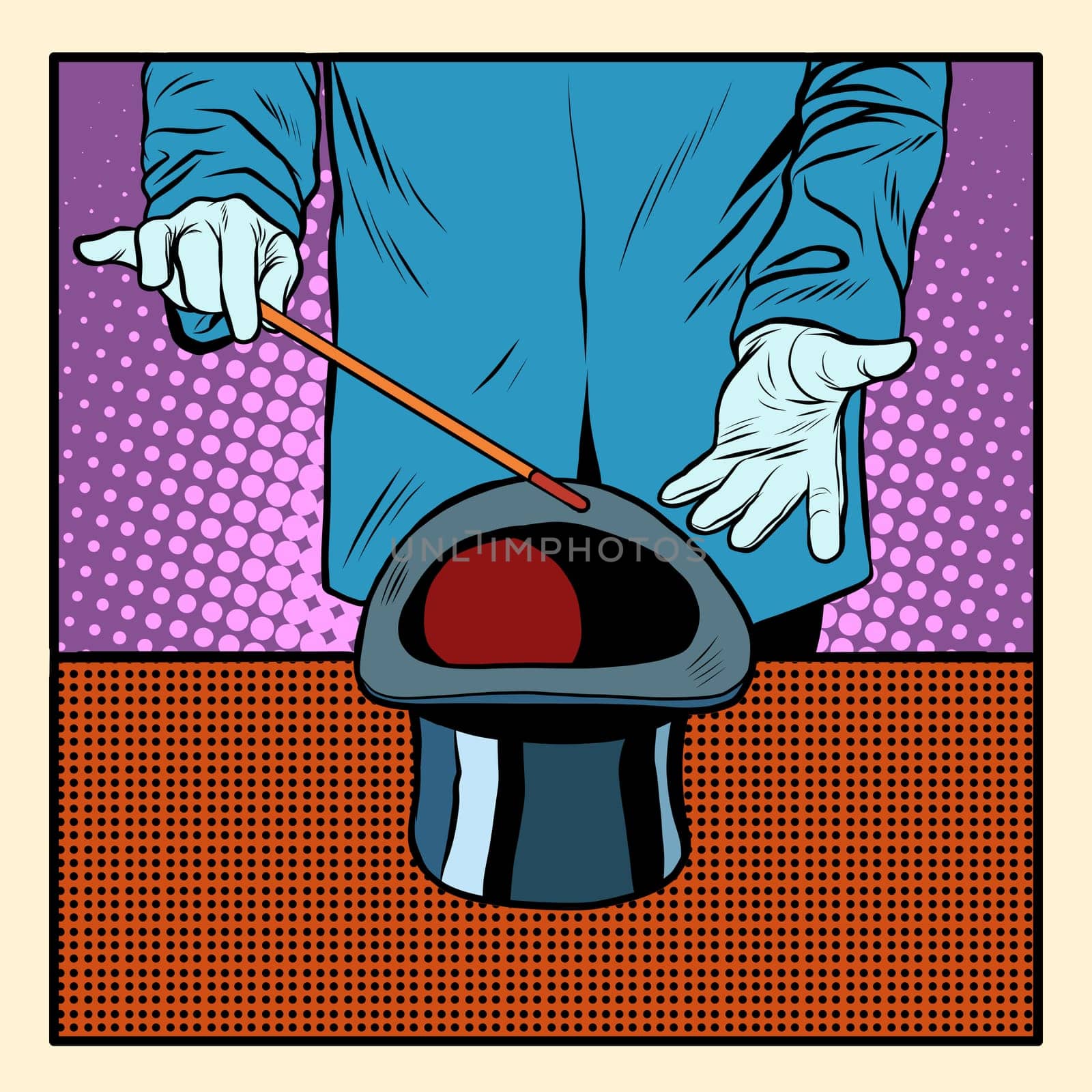 Illusionist and magic hat pop art retro style. Circus performance. The focus and magic wand