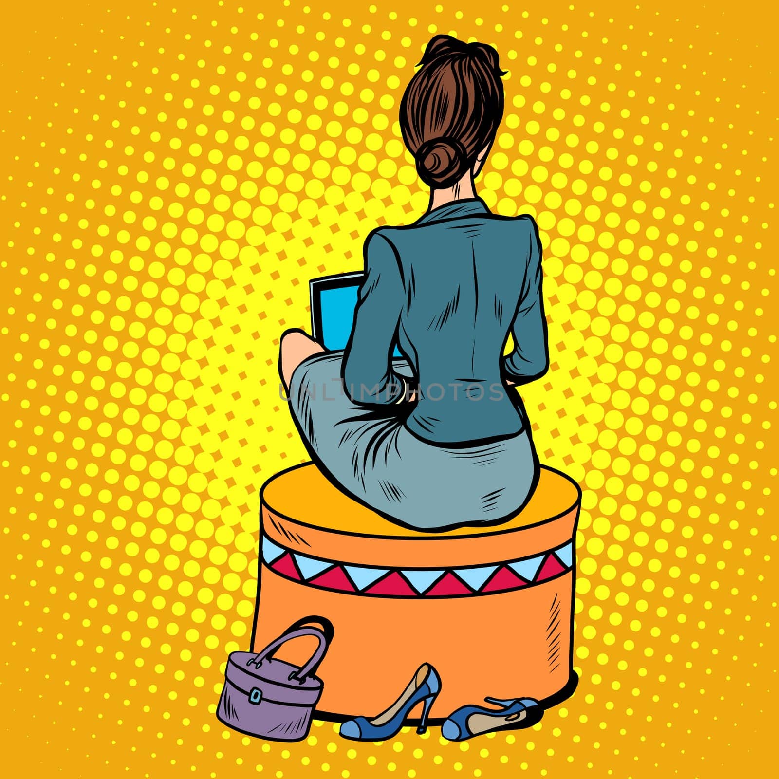 businesswoman sits back on the couch pop art retro style. The girl with the laptop. New technologies. Comfortable furniture