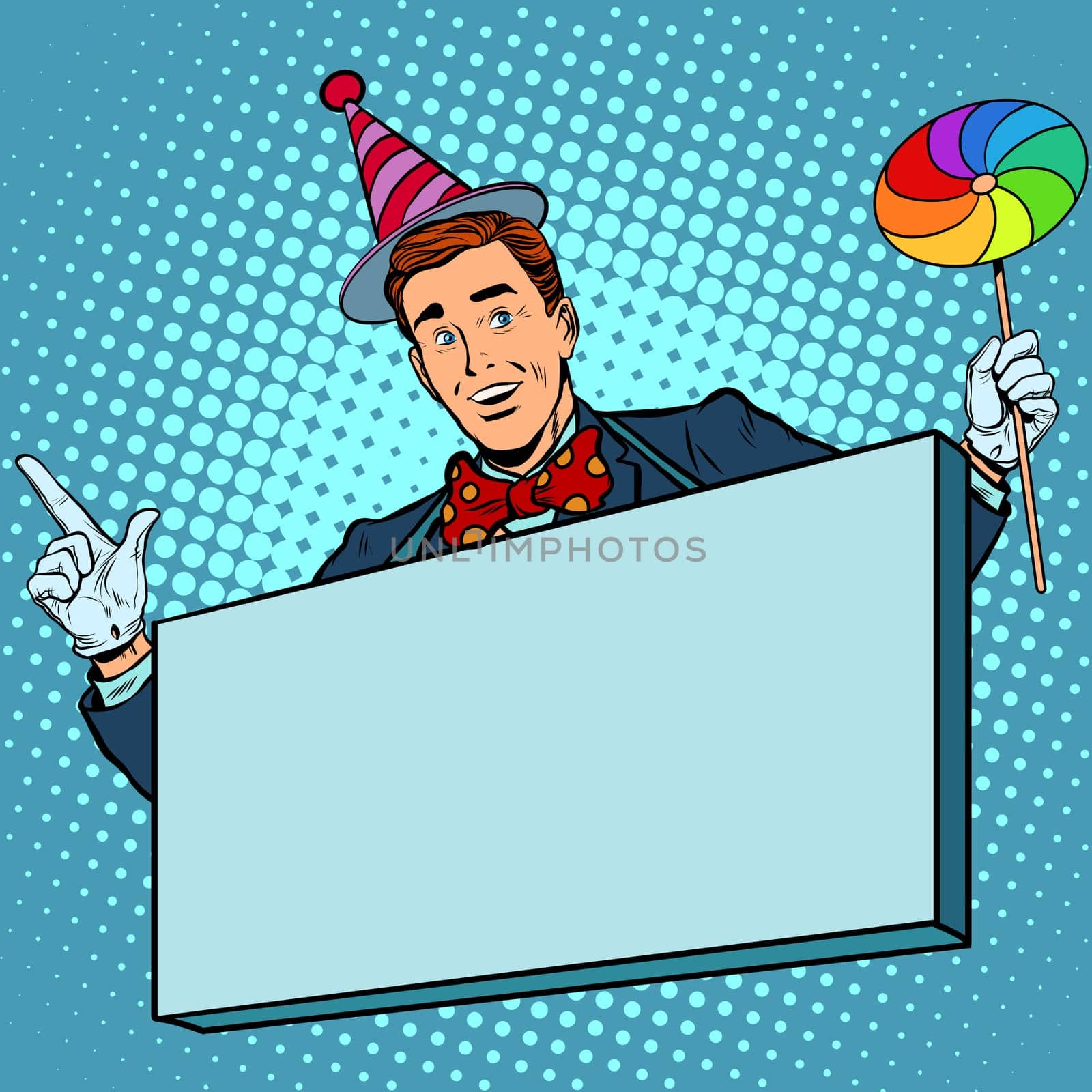 Circus poster clown promoter pop art retro style. The background for the text. Entertainment and concerts. Shows and festivals