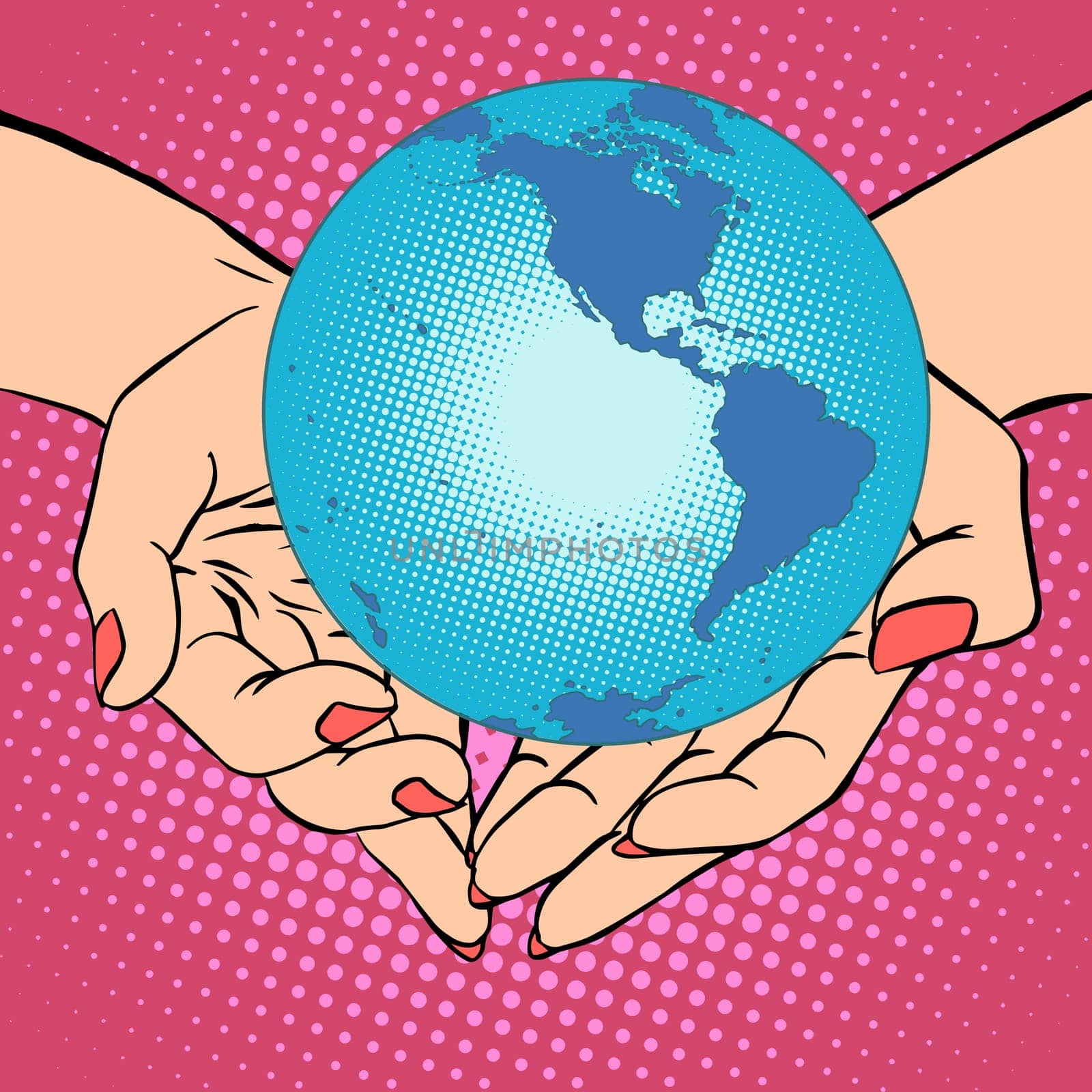 Planet Earth in hands pop art retro style. Earth day, environment Day. Ecology and nature. Female hands. South and North America