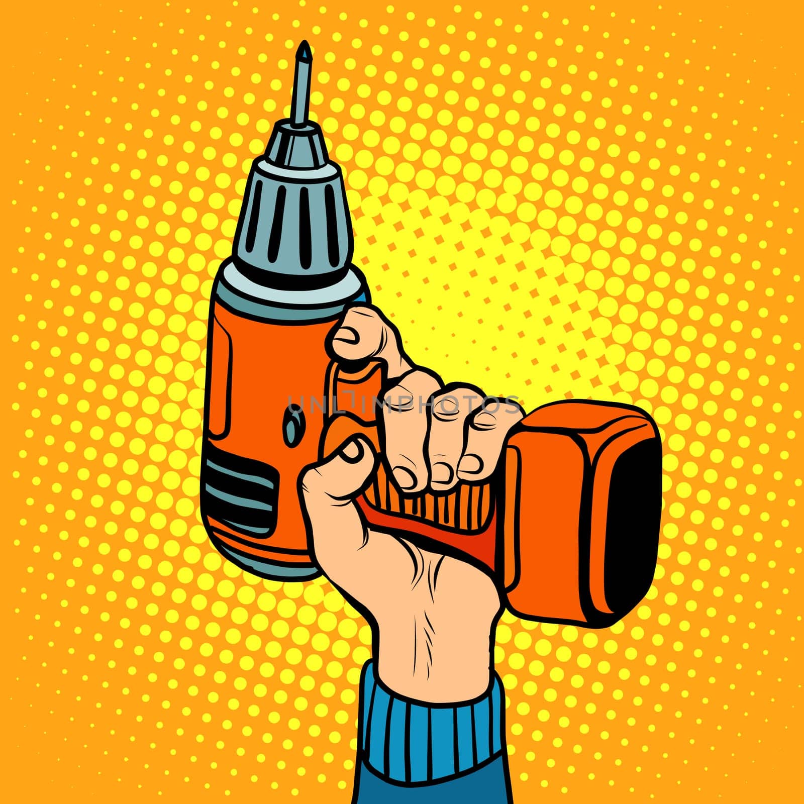 Hand with an electric drill. Home repair and tools. Pop art retro style vector tool