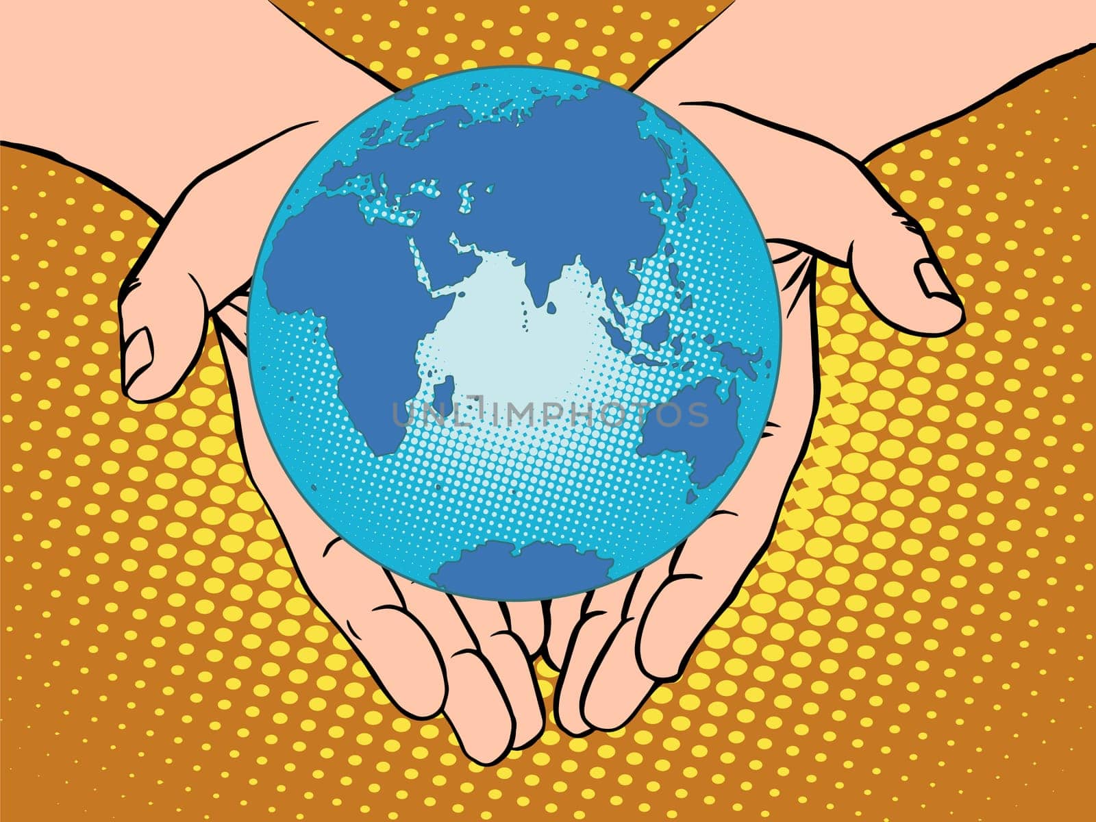 Planet Earth in hands pop art retro style. Earth day, environment Day. Ecology and nature. man hand. Eurasia, Africa, Australia, Antarctica, Europe, Asia
