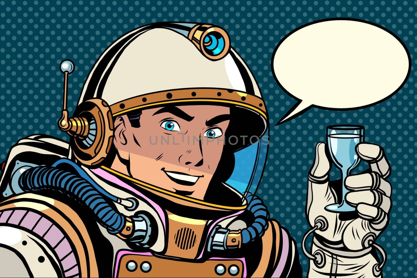 Cosmonaut toast celebration pop art retro style. Holiday. Day of cosmonautics. Astronaut retro birthday