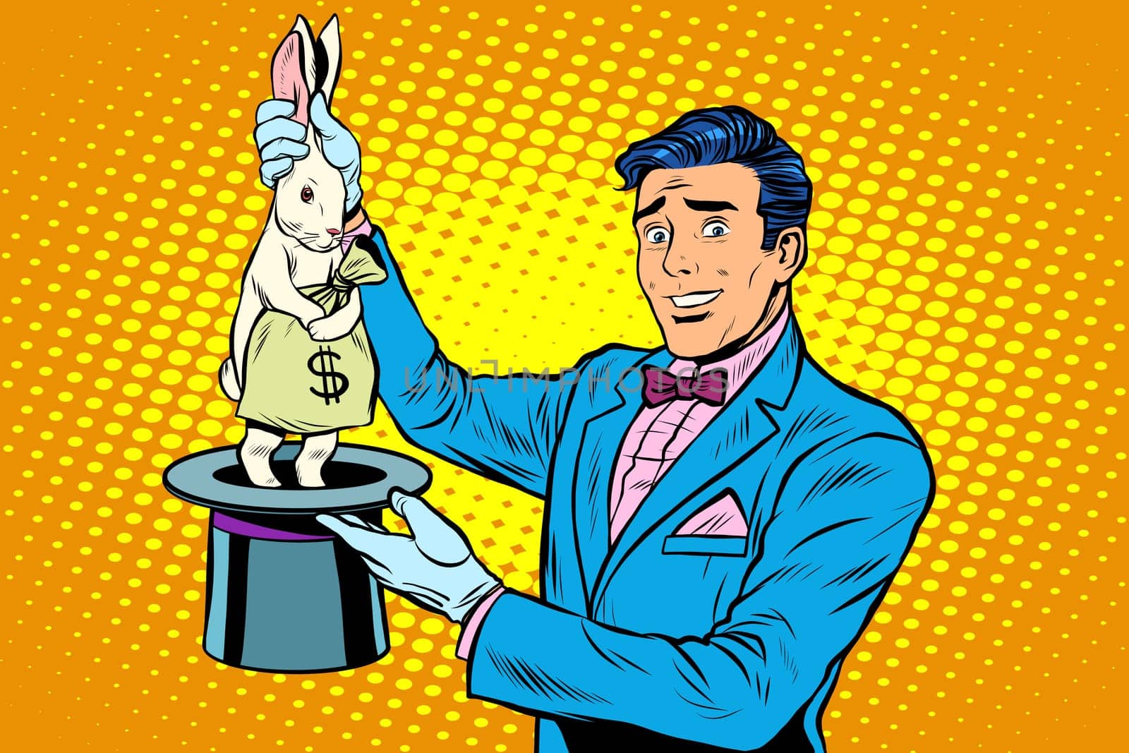 Businessman magician and Bunny money pop art retro style. The magicians hat. Profit Finance money