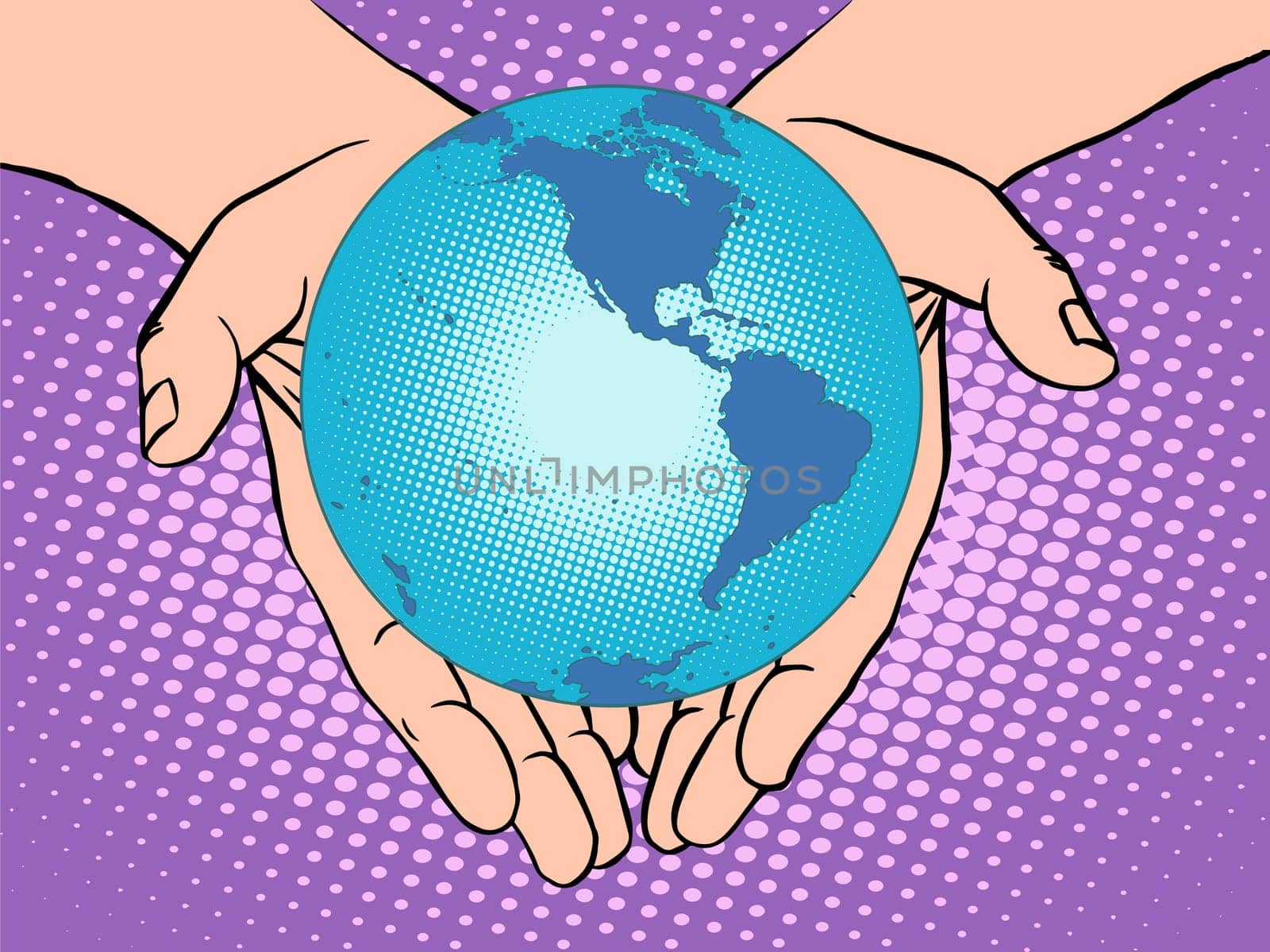 Planet Earth in hands pop art retro style. Earth day, environment Day. Ecology and nature. male hands. South and North America
