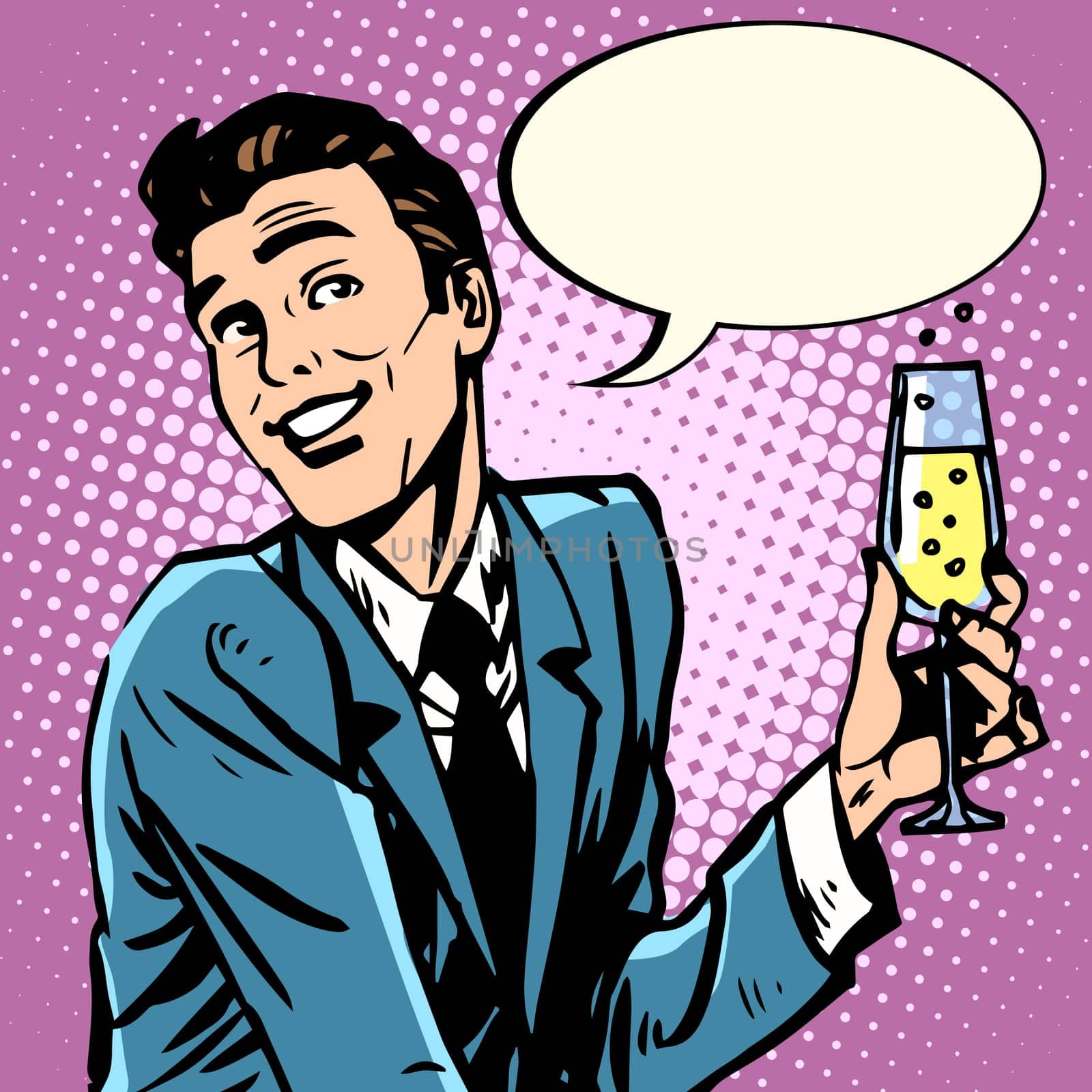 A cheerful man with a glass of champagne wines pop art retro style. Alcoholic drink. The holiday party congratulations toast