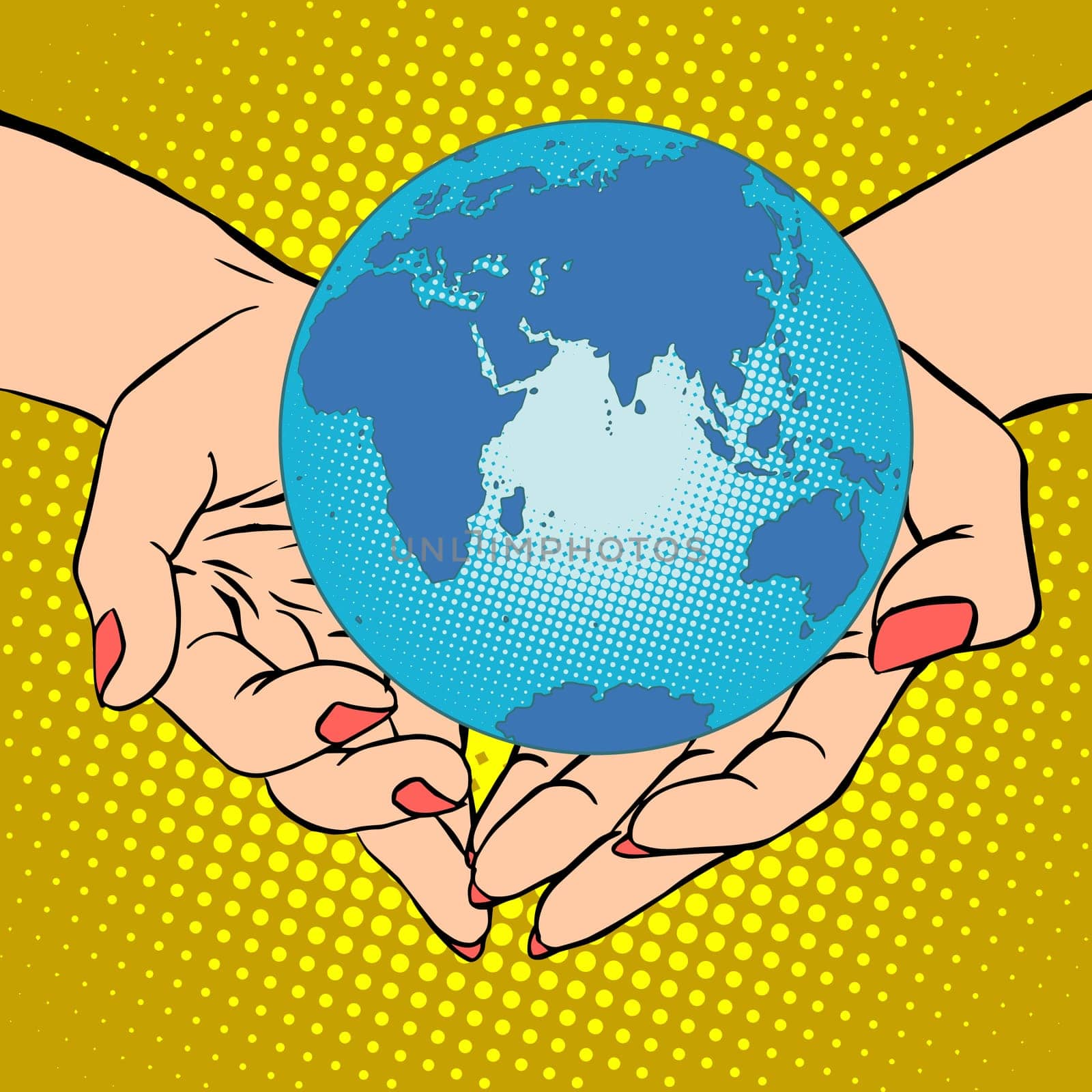Planet Earth in hands pop art retro style. Earth day, environment Day. Ecology and nature. Female hands. Eurasia, Africa, Australia and Antarctica