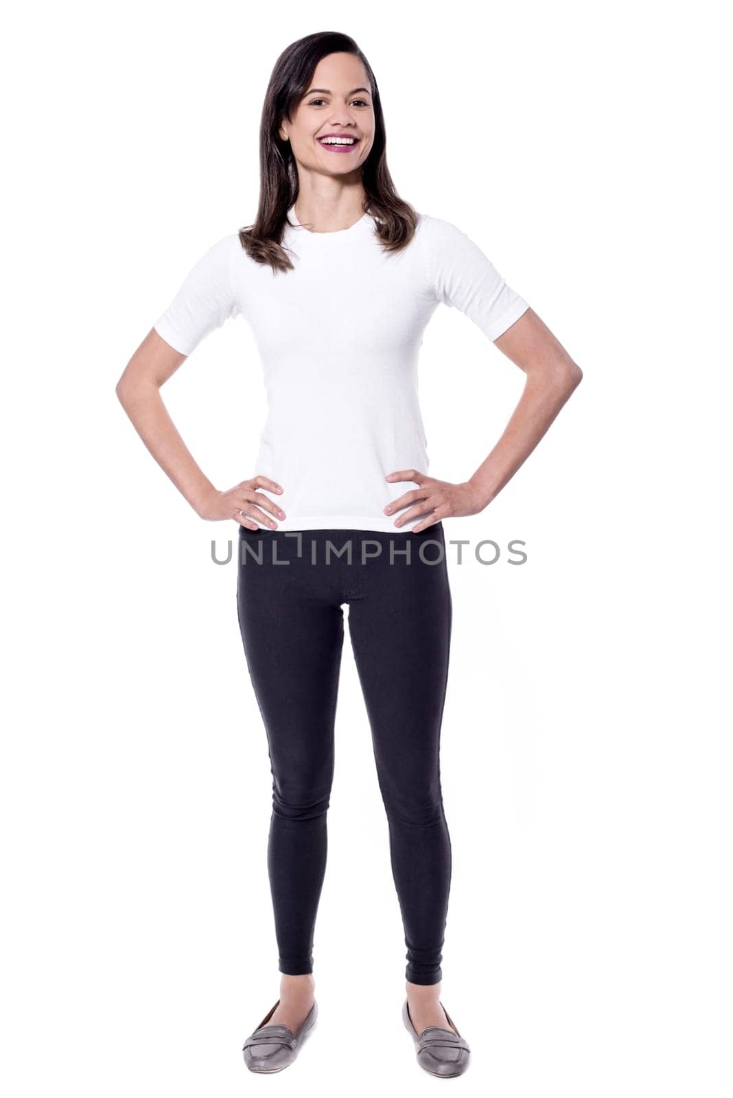 Full length image of young woman over white