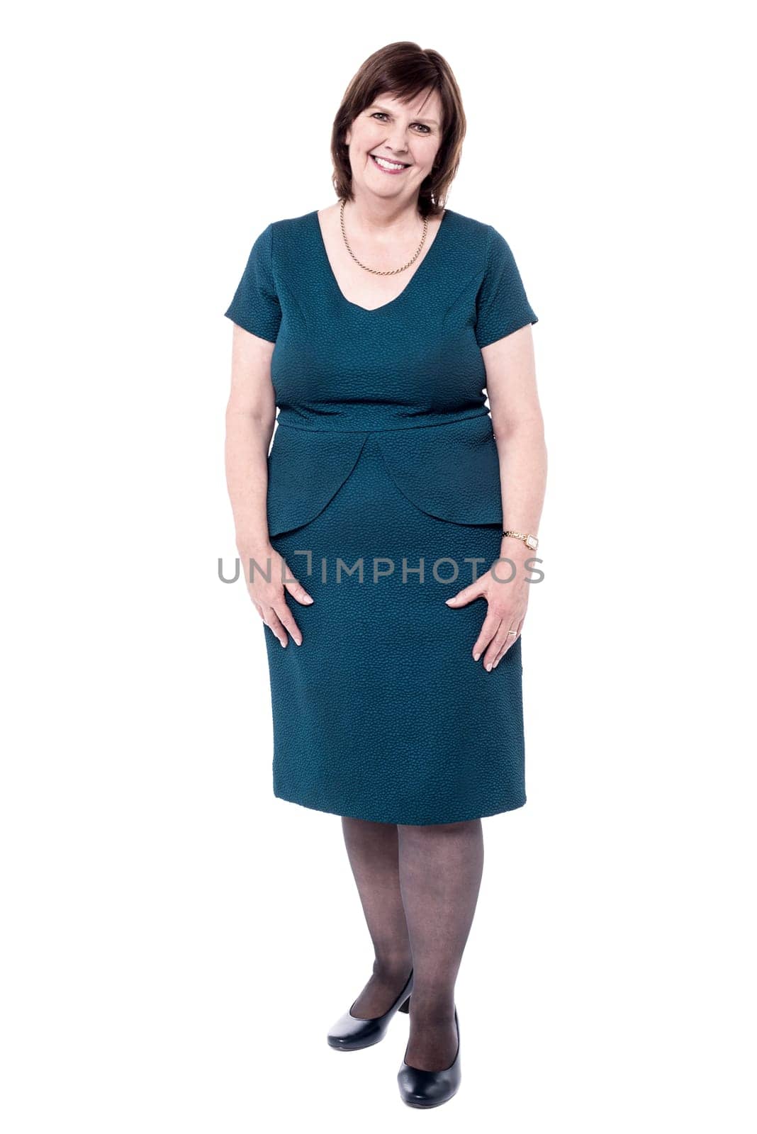 Pretty elder lady posing in new party dress