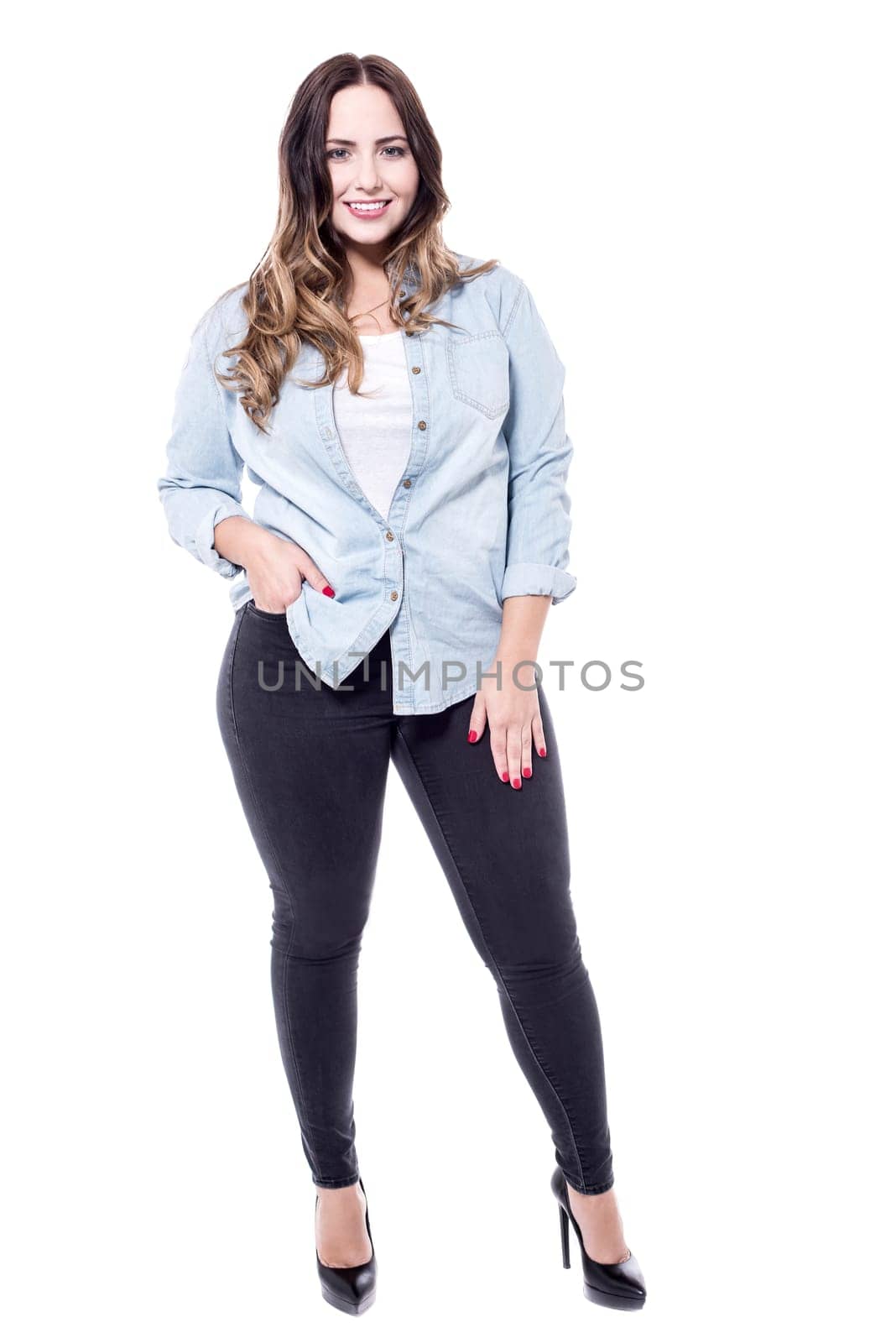 Pretty woman model with long legs over white
