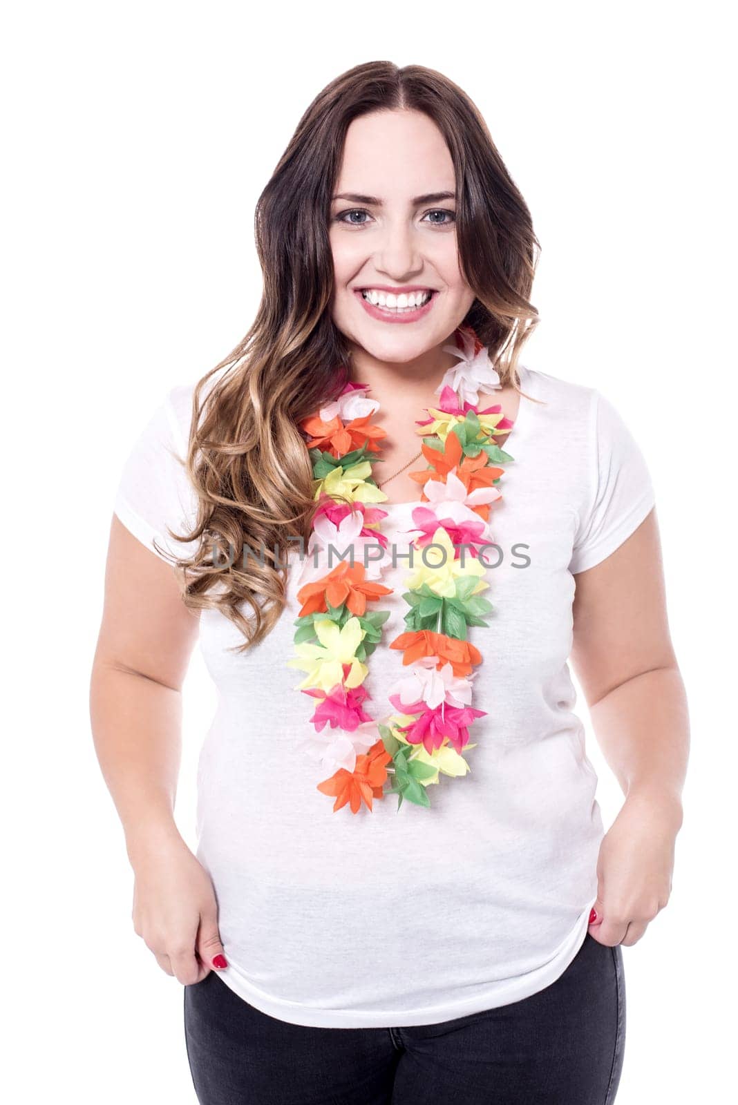 Happy young lady wearing hawaiian garland