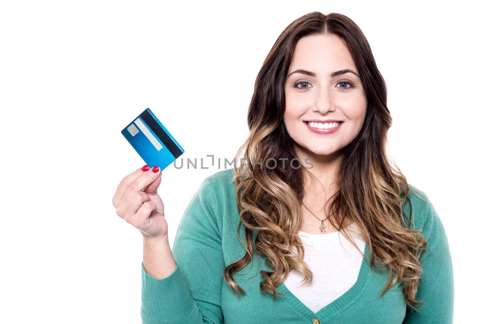 Cheerful woman showing her new credit card