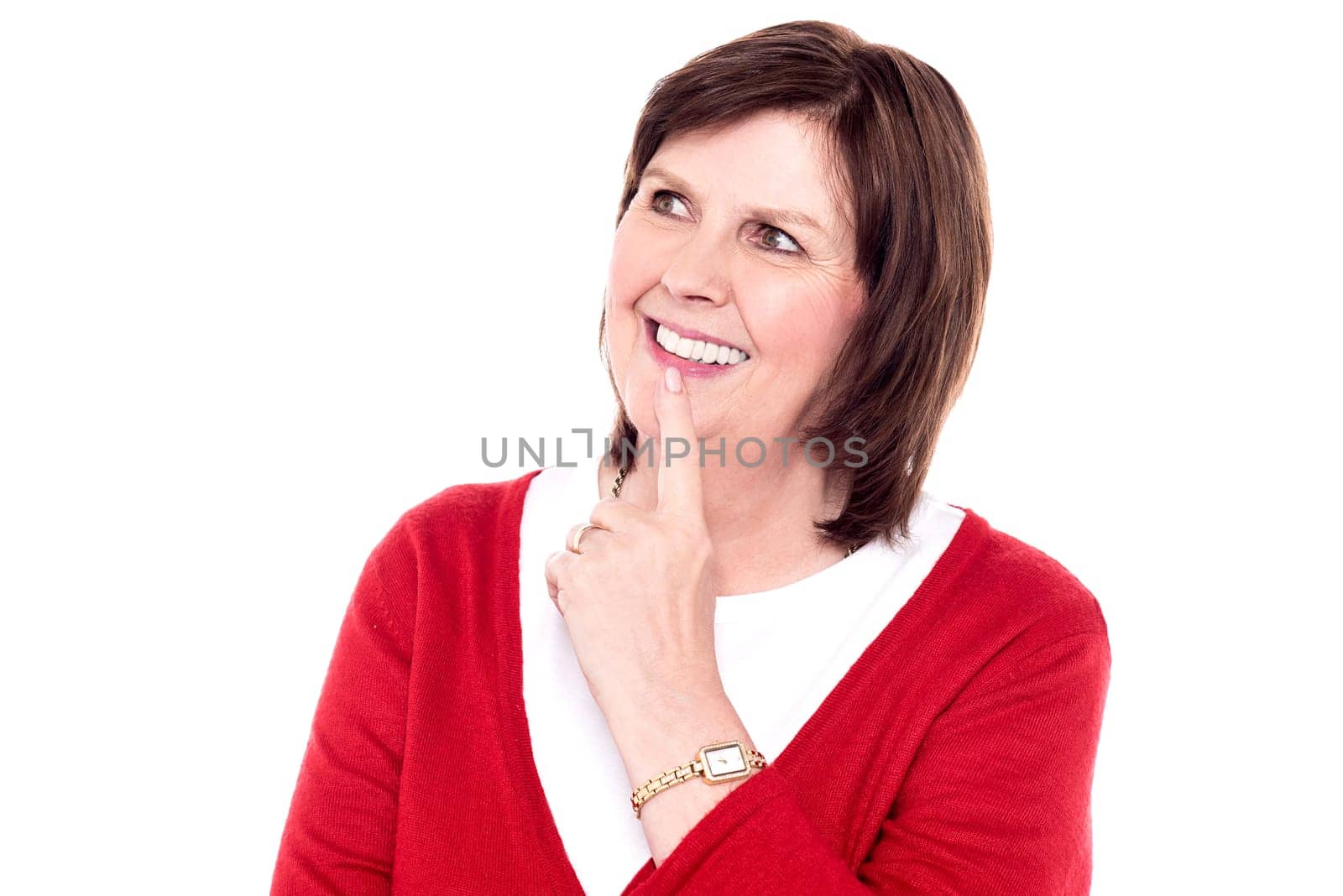 Pensive senior woman isolated on white background
