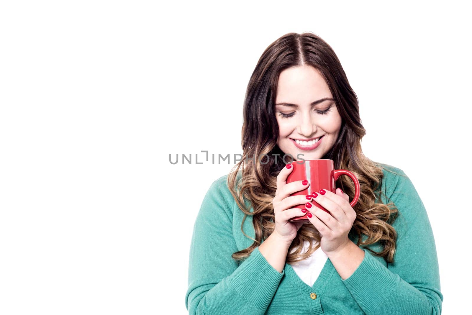 Woman hold cup of coffee isolated over white