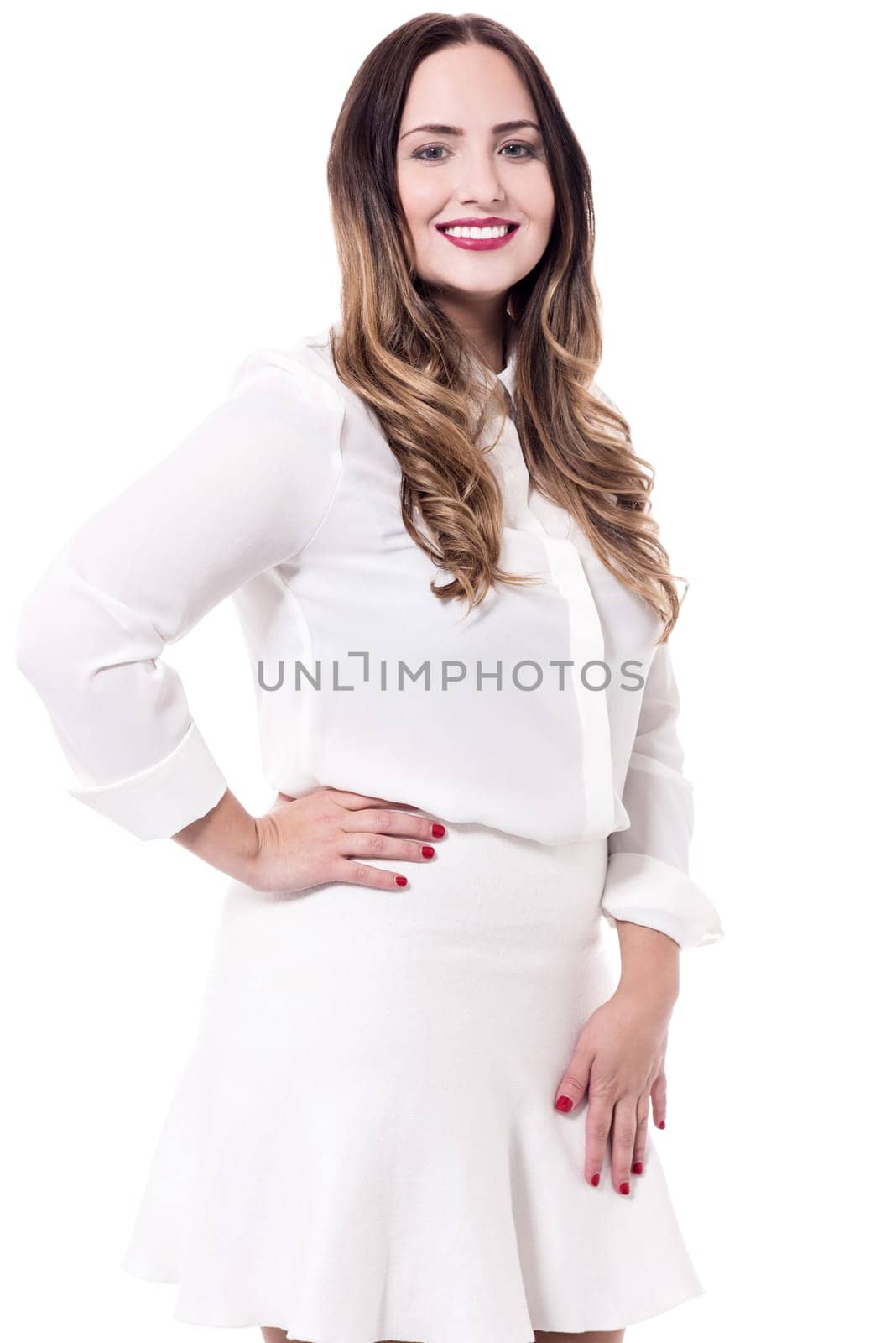 Attractive young fashion model wears a white dress