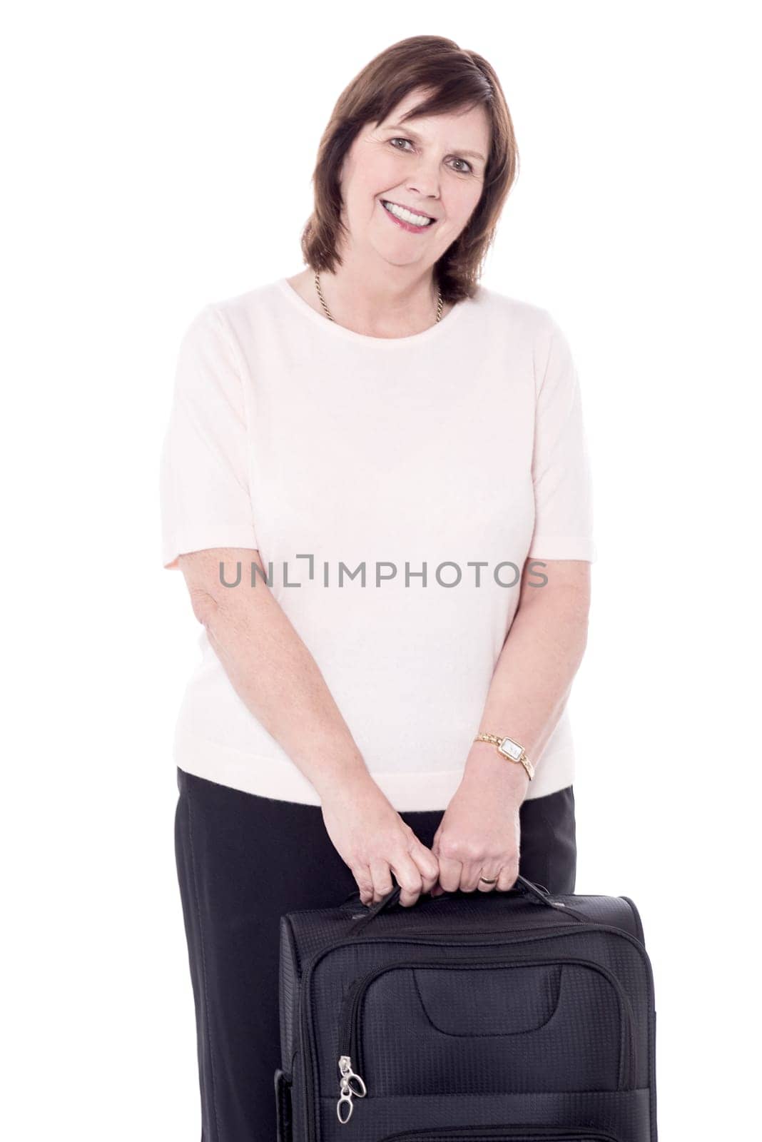 Elder woman holding her luggage over white