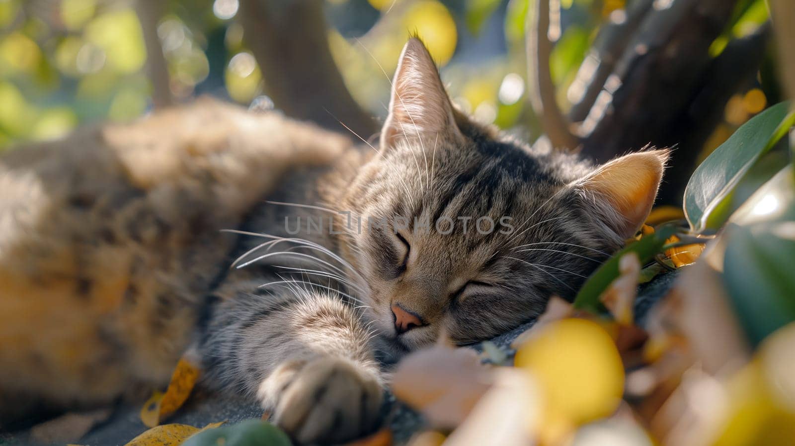 A tabby cat enjoys a tranquil nap on a soft surface surrounded by vibrant spring foliage in a sunny garden setting - Generative AI