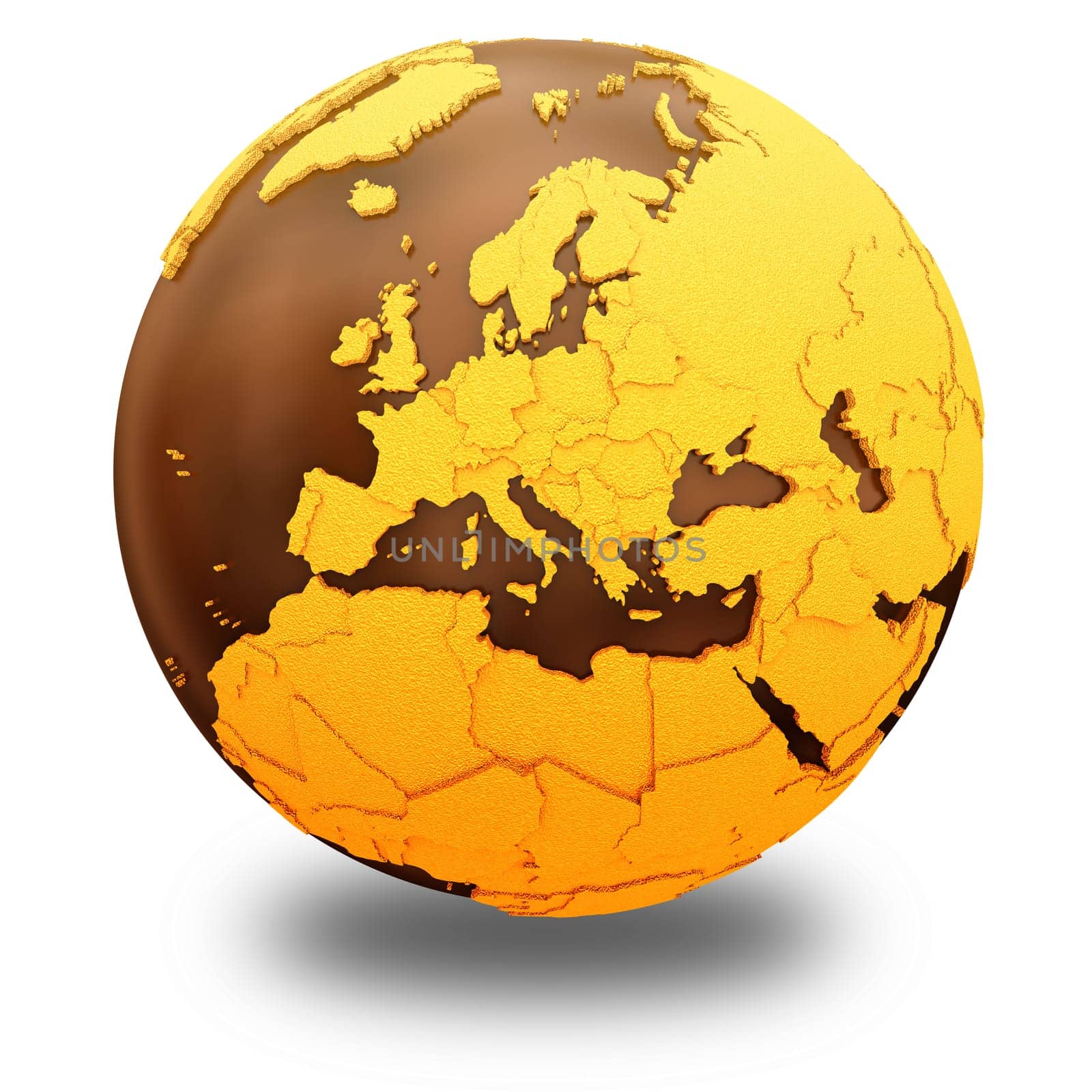Europe on chocolate model of planet Earth. Sweet crusty continents with embossed countries and oceans made of dark chocolate. 3D illustration isolated on white background with shadow.