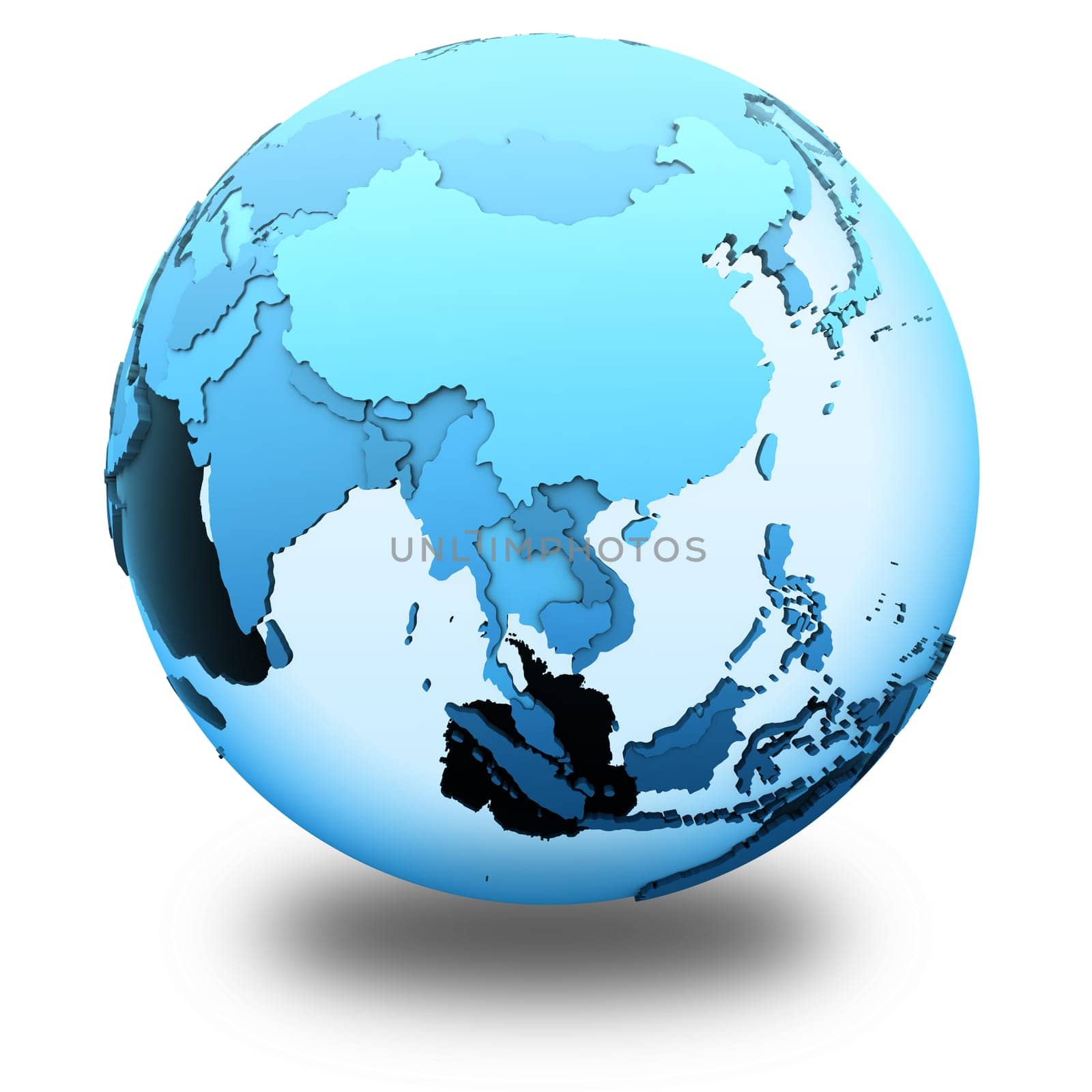 Southeast Asia on translucent model of planet Earth with visible continents blue shaded countries. 3D illustration isolated on white background with shadow.