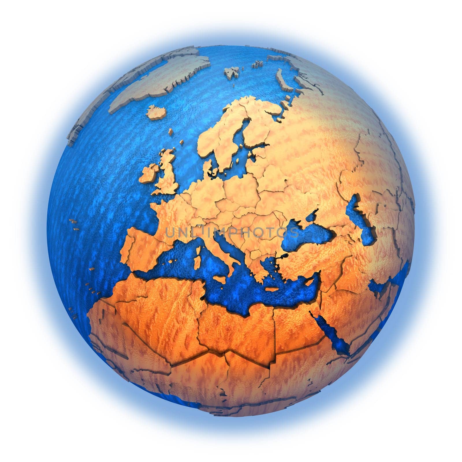 Europe on wooden model of planet Earth with embossed continents and visible country borders. 3D illustration isolated on white background.