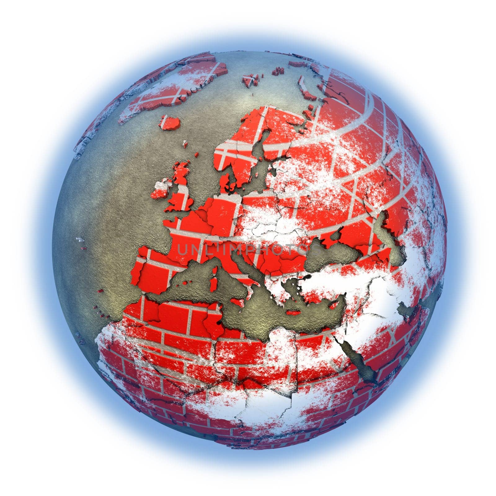 Europe on brick wall model of planet Earth with continents made of red bricks and oceans of wet concrete. Concept of global construction. 3D illustration isolated on white background.