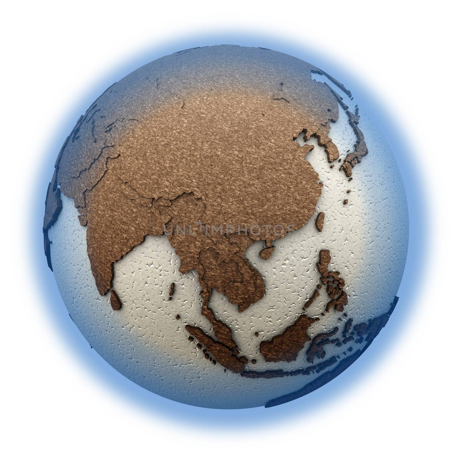 Southeast Asia on 3D model of planet Earth with oceans made of polystyrene and continents made of cork with embossed countries. 3D illustration isolated on white background.