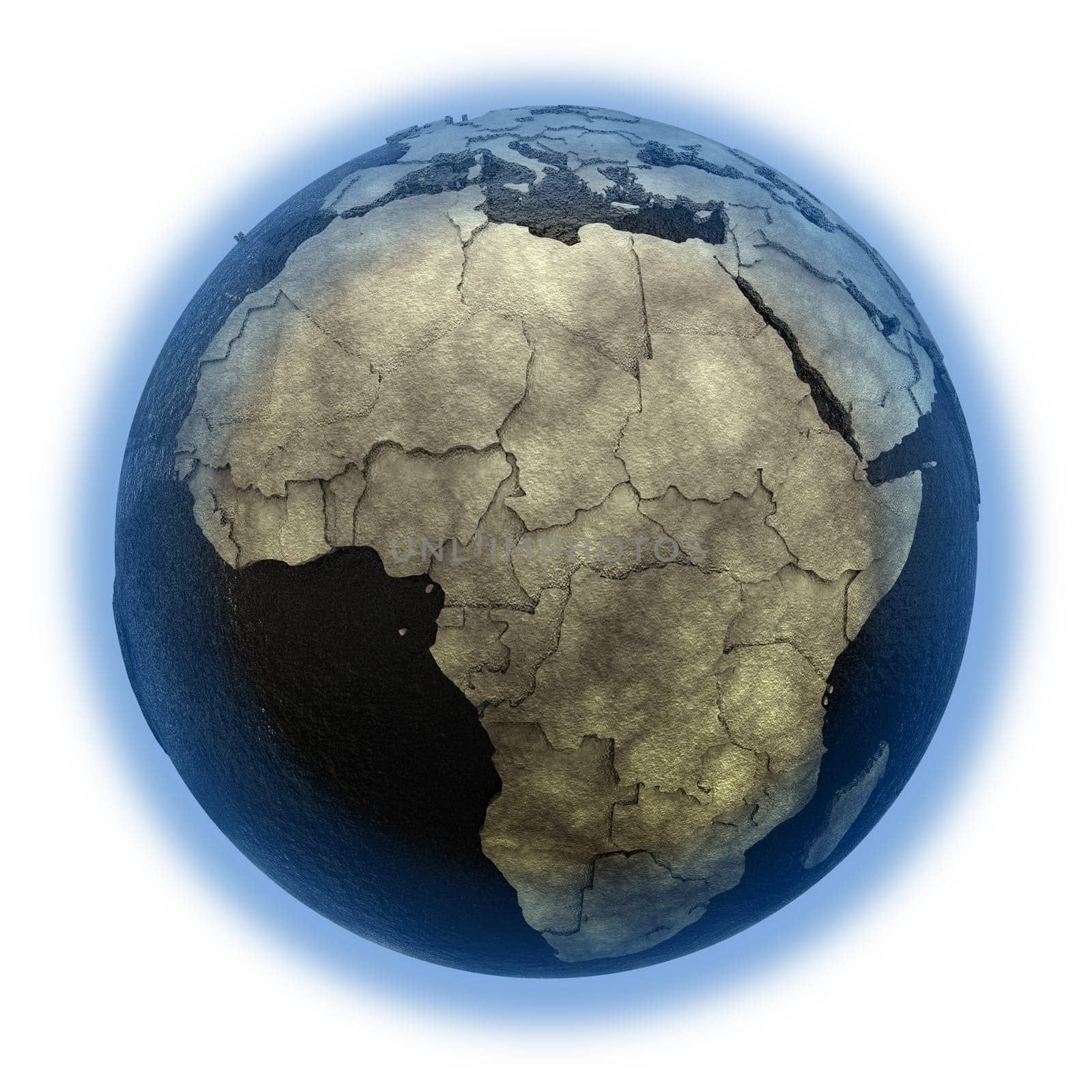 Africa on 3D model of planet Earth with black oily oceans and concrete continents with embossed countries. Concept of petroleum industry or global enviromental disaster. 3D illustration isolated on white background.