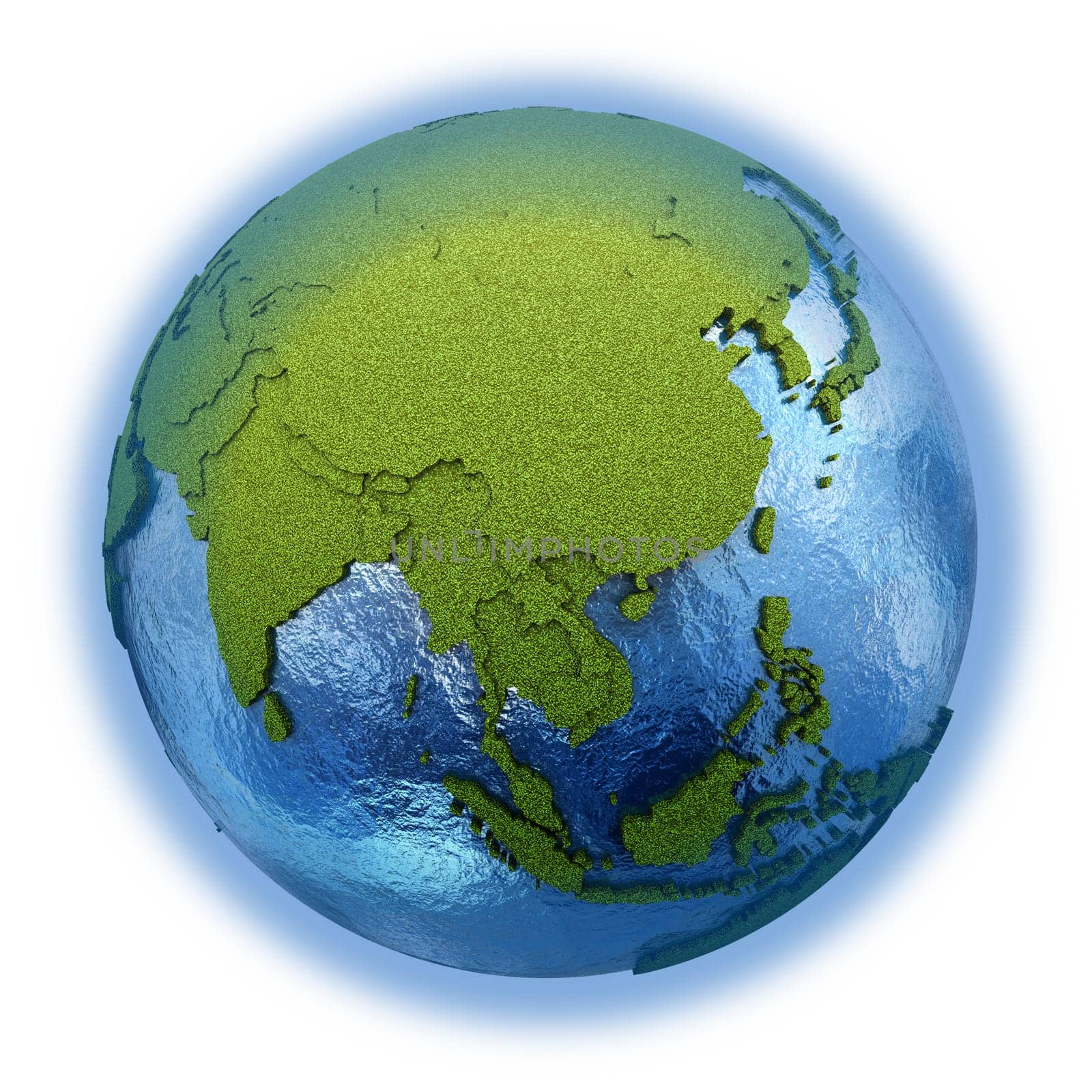 Southeast Asia on 3D model of planet Earth with grassy continents with embossed countries and blue ocean. 3D illustration isolated on white background.
