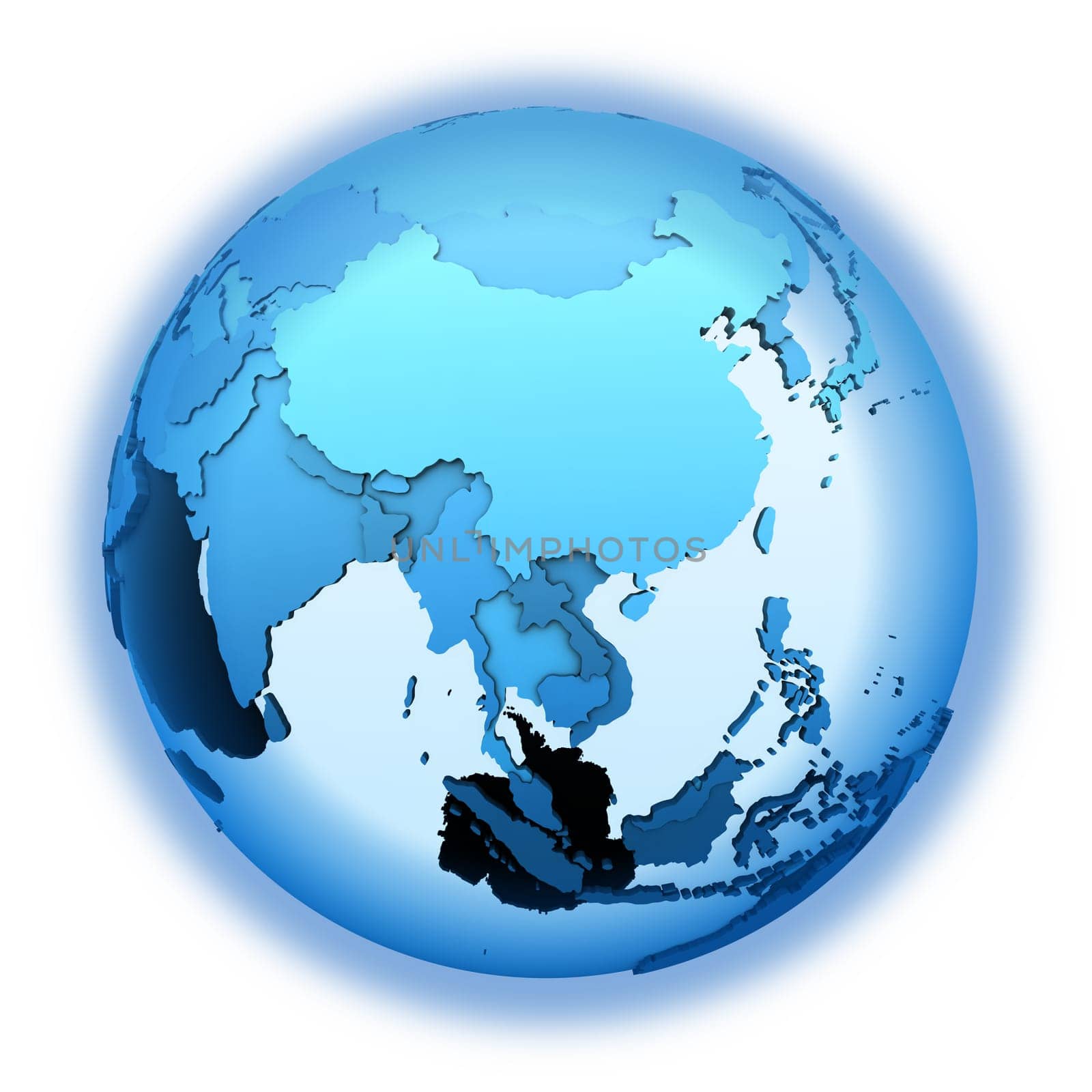 Southeast Asia on translucent model of planet Earth with visible continents blue shaded countries. 3D illustration isolated on white background.