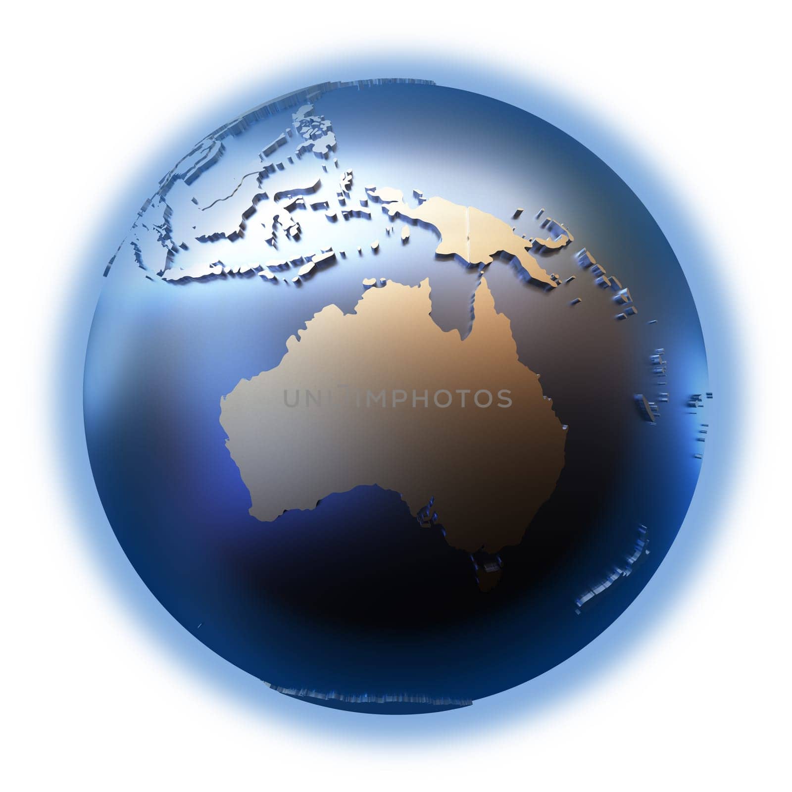 Australia on elegant metallic model of planet Earth with blue ocean and shiny embossed continents with visible country borders. 3D illustration isolated on white background.