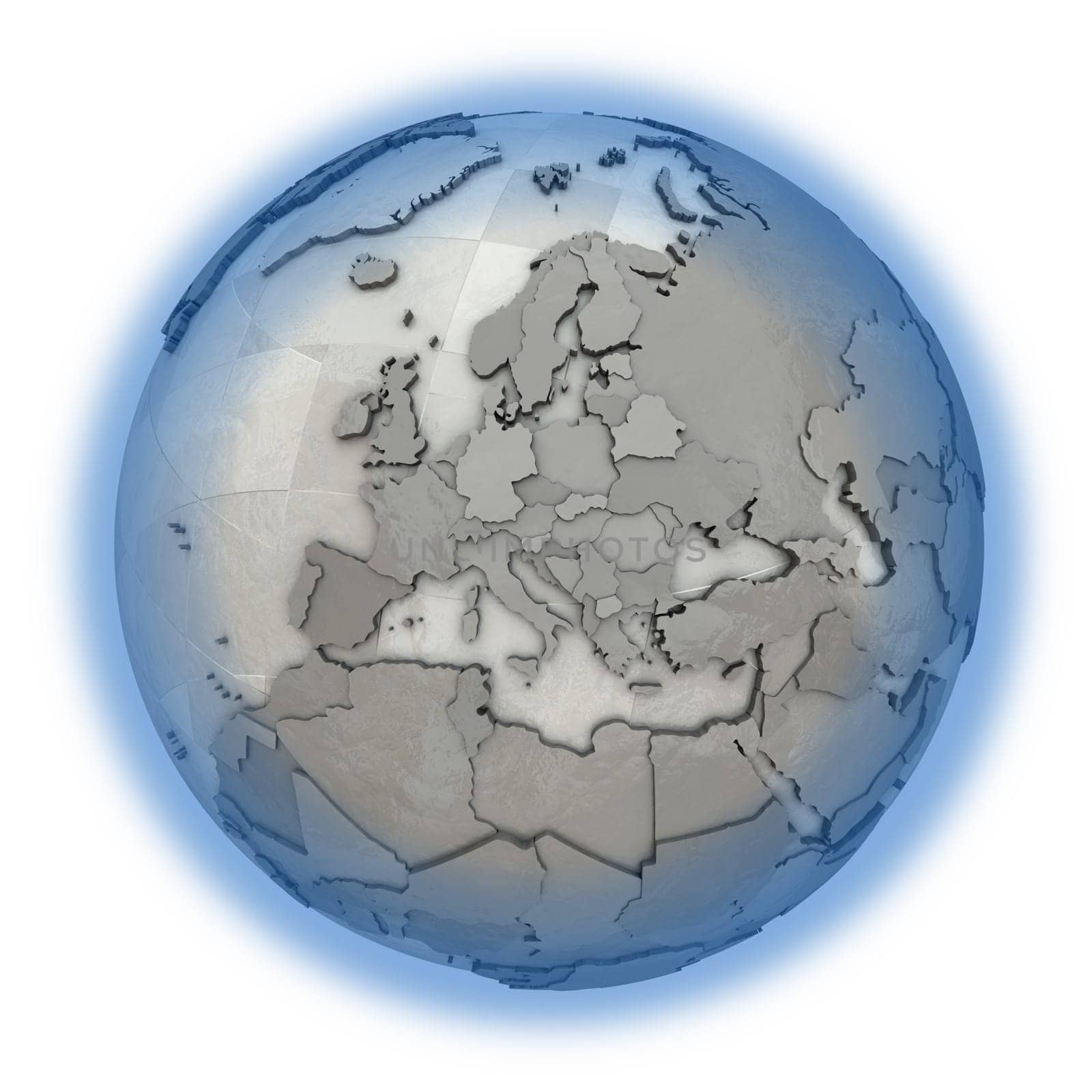 Europe on 3D model of metallic planet Earth made of steel plates with embossed countries. 3D illustration isolated on white background.