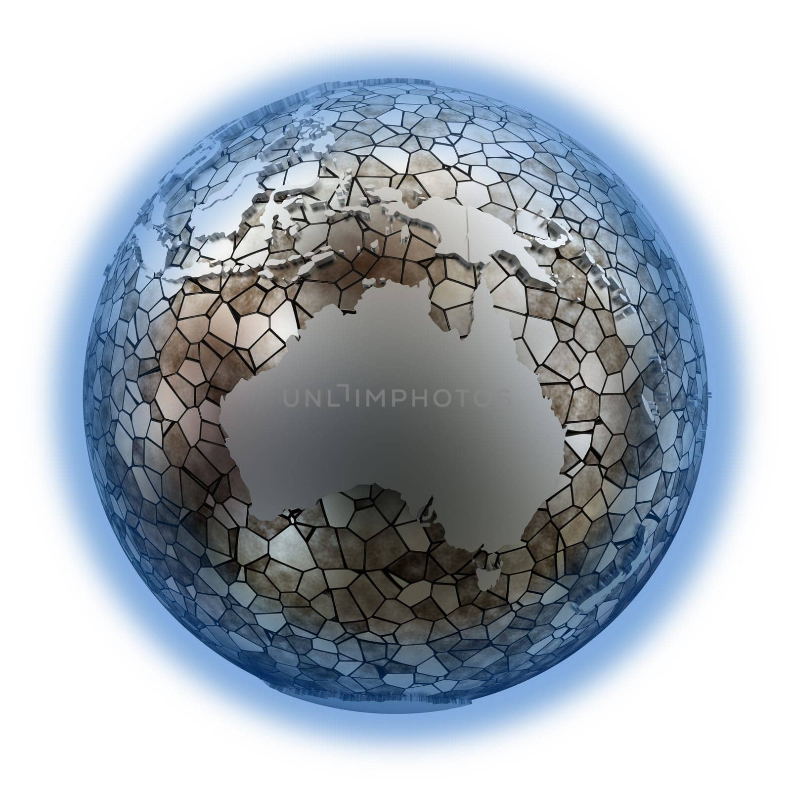 Australia on metallic model of planet Earth. Shiny steel continents with embossed countries and oceans made of steel plates. 3D illustration isolated on white background.