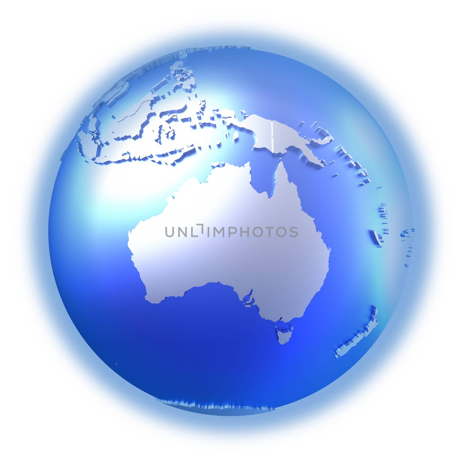 Australia on bright metallic model of planet Earth with blue ocean and shiny embossed continents with visible country borders. 3D illustration isolated on white background.