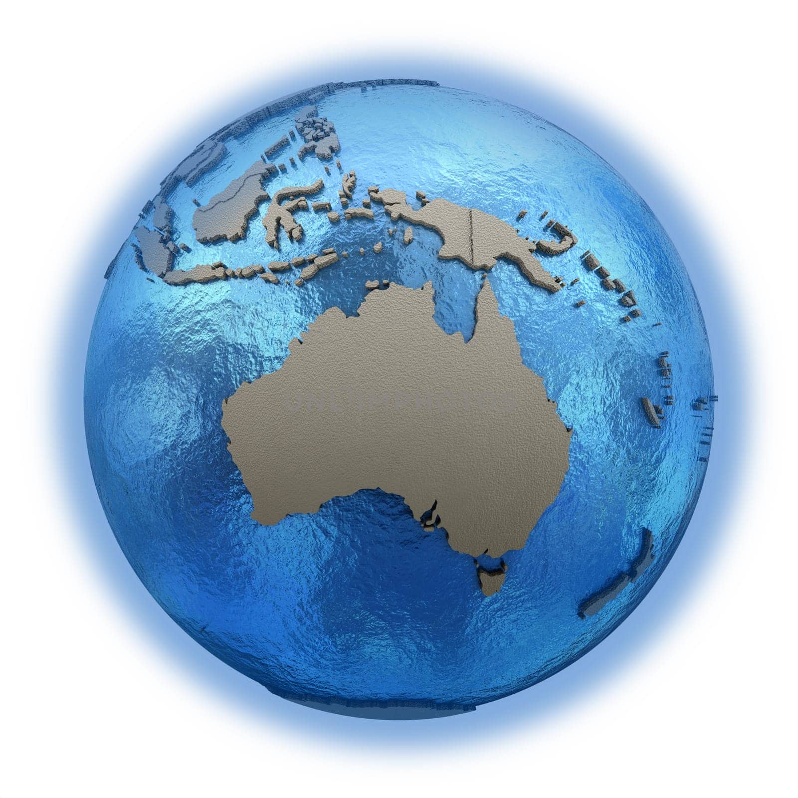 Australia on 3D model of blue Earth with embossed countries and blue ocean. 3D illustration isolated on white background.