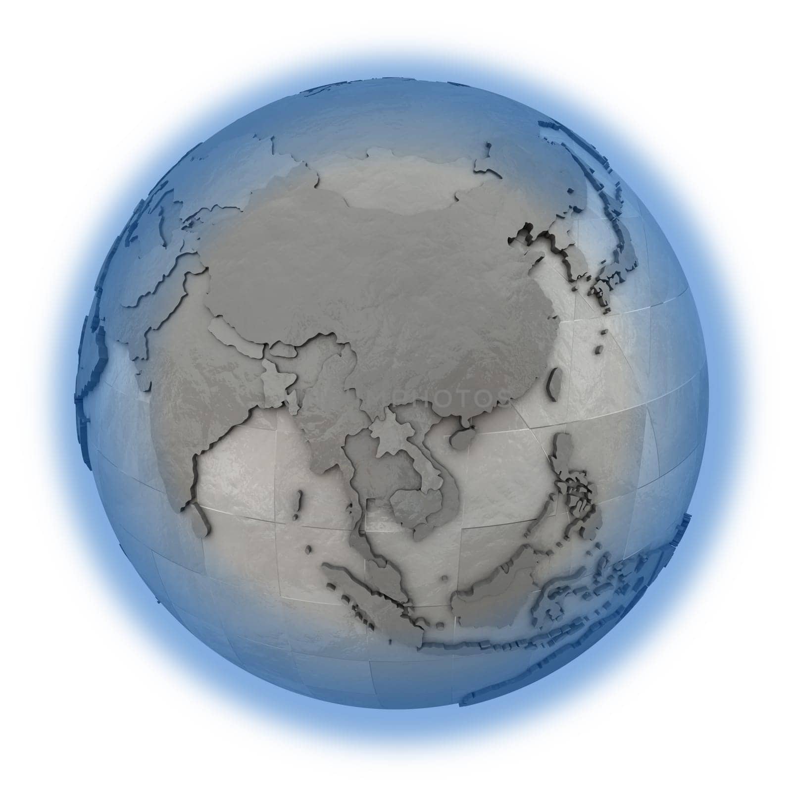 Southeast Asia on 3D model of metallic planet Earth made of steel plates with embossed countries. 3D illustration isolated on white background.