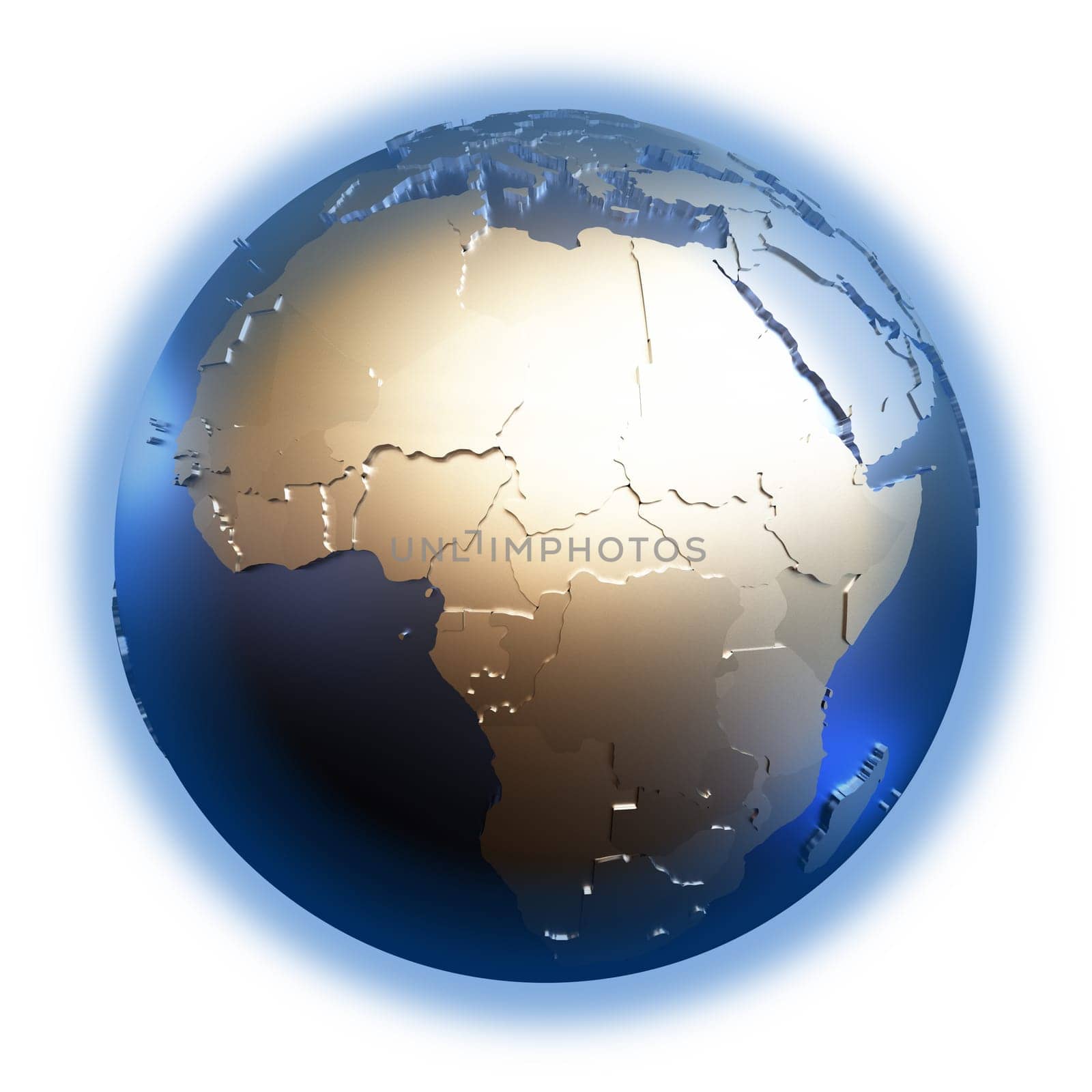 Africa on elegant metallic model of planet Earth with blue ocean and shiny embossed continents with visible country borders. 3D illustration isolated on white background.