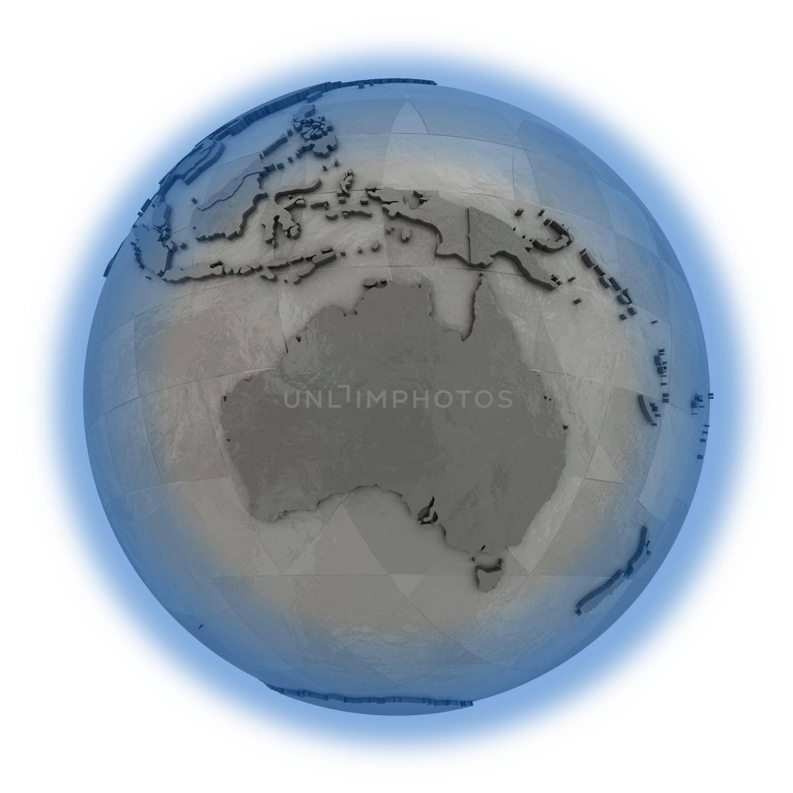 Australia on 3D model of metallic planet Earth made of steel plates with embossed countries. 3D illustration isolated on white background.