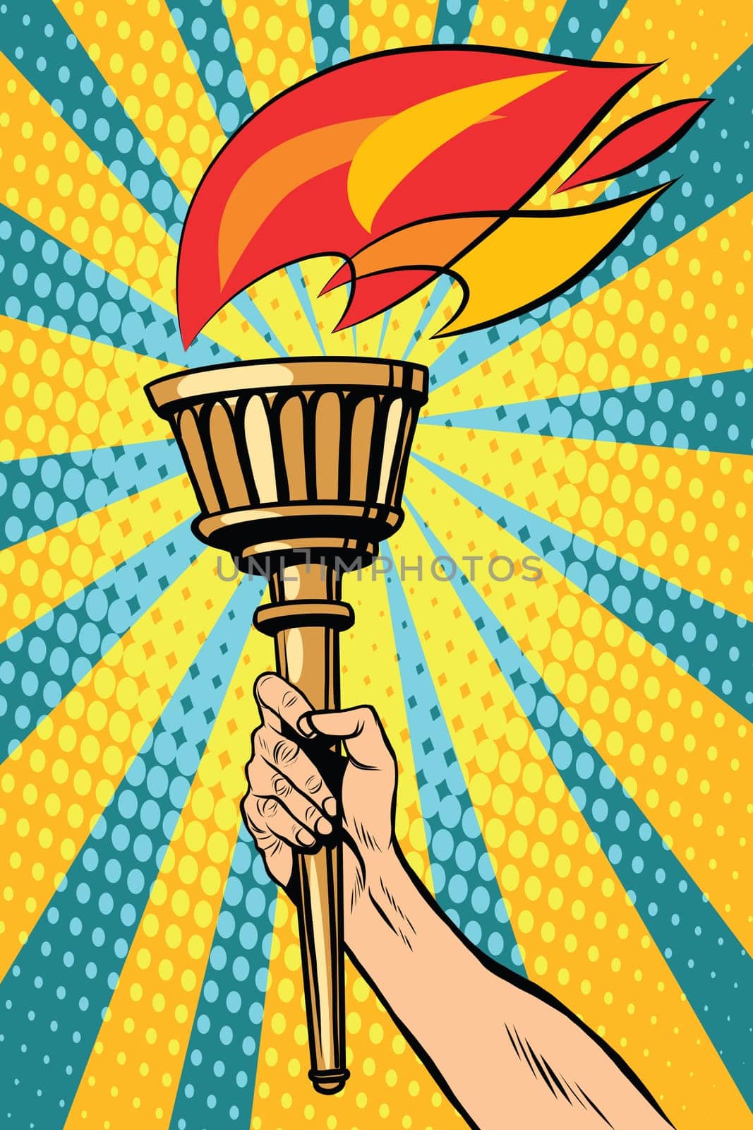 Vector torch with fire in the hand pop art retro style. Ancient antique Holy fire. The sports torch. Political symbol