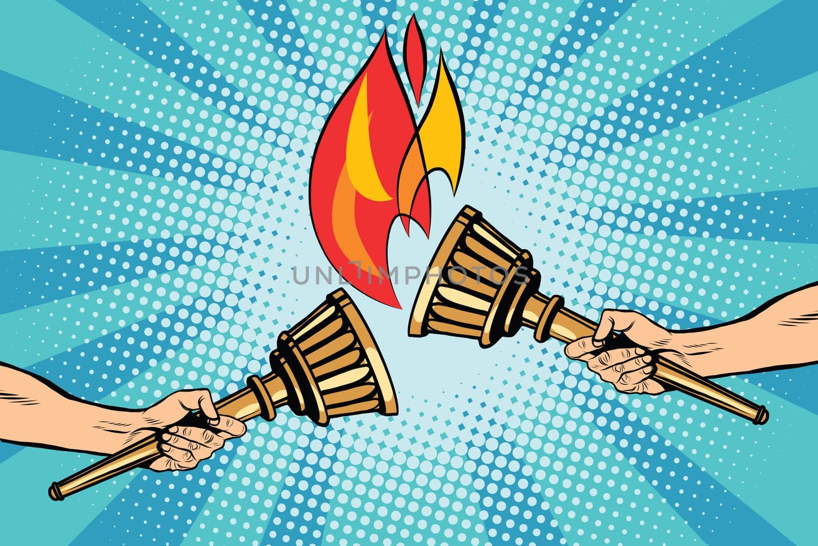 Torches torch relay pop art retro style. The fire ignited. Ancient antique Holy fire. Sports torches