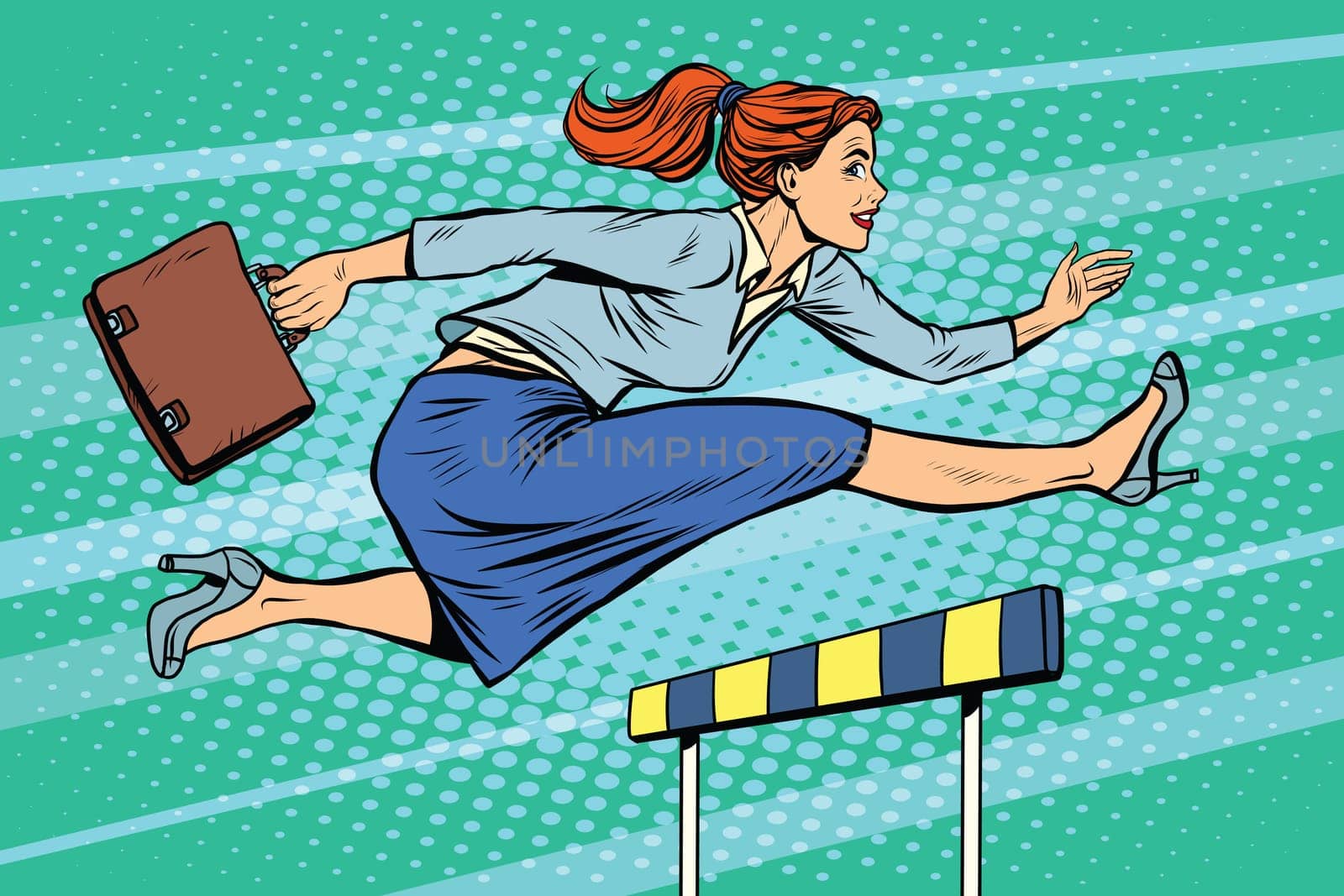 businesswoman running hurdles pop art retro style. A woman in business. Competition and work. Career