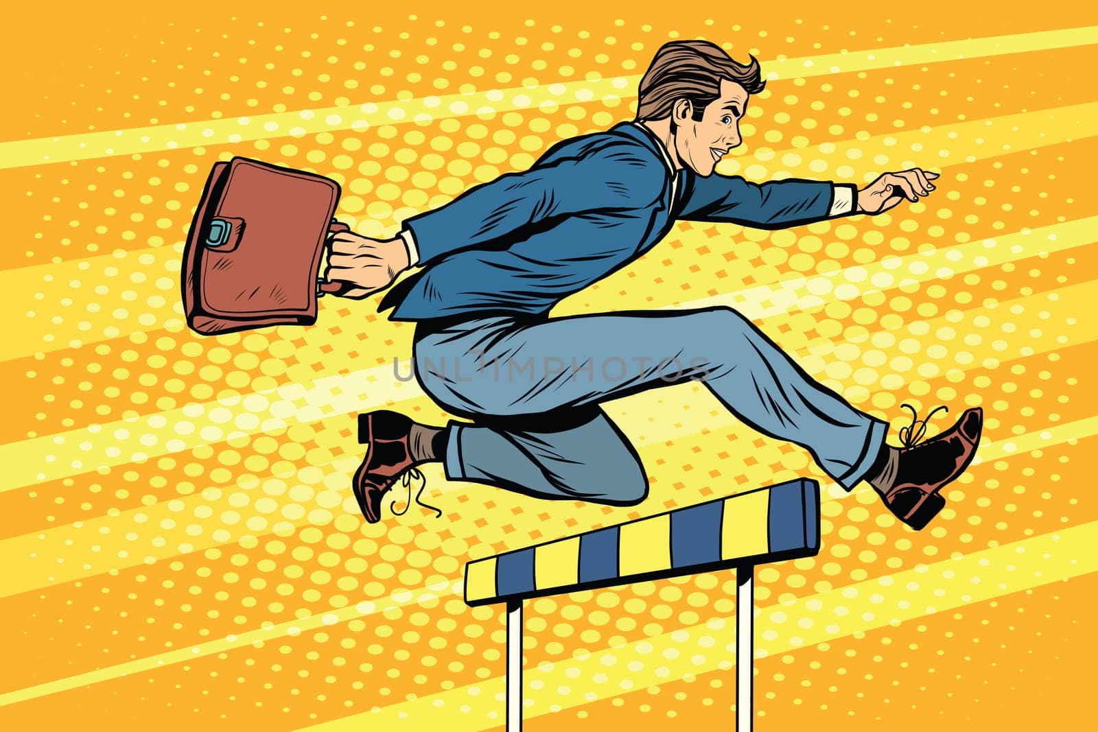 Businessman running hurdles pop art retro style. Sport and business. Business career