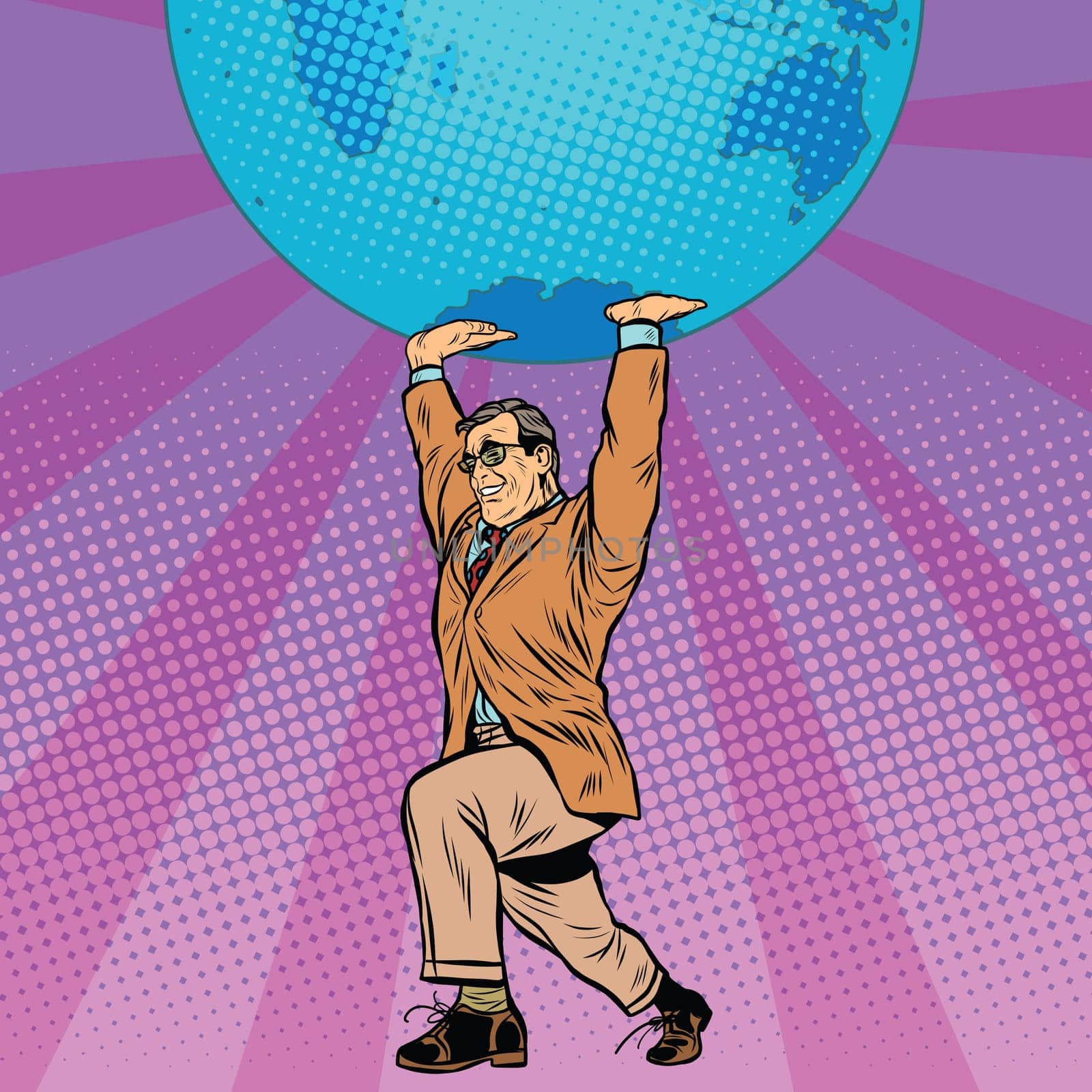 International business boss keeps planet Earth pop art retro style. The global economy. Male athlete