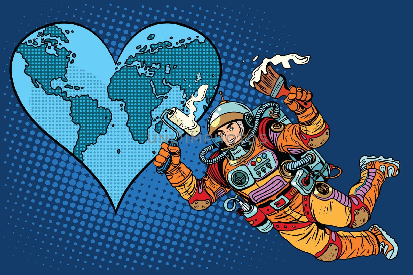 Environment day, Earth heart and the astronaut pop art retro style. Space and ecology. Repair beloved planet Earth.